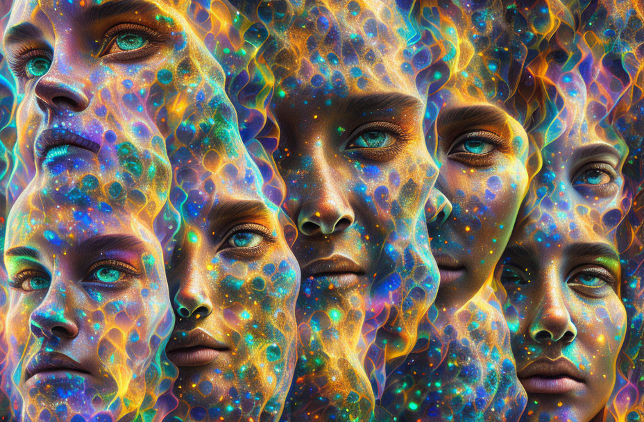 Colorful digital art montage of female faces with blue eyes in cosmic pattern.