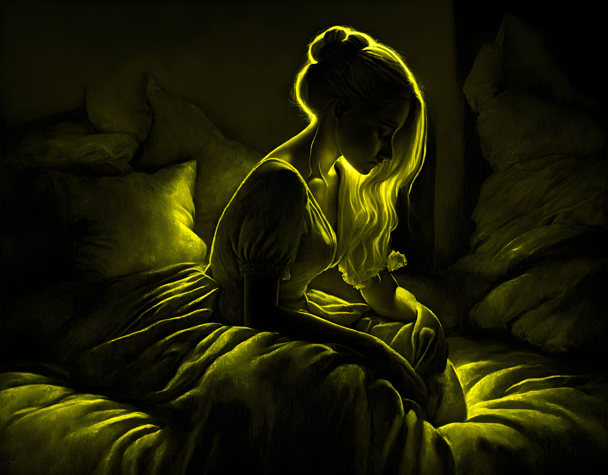 Luminous woman seated on bed in dark room