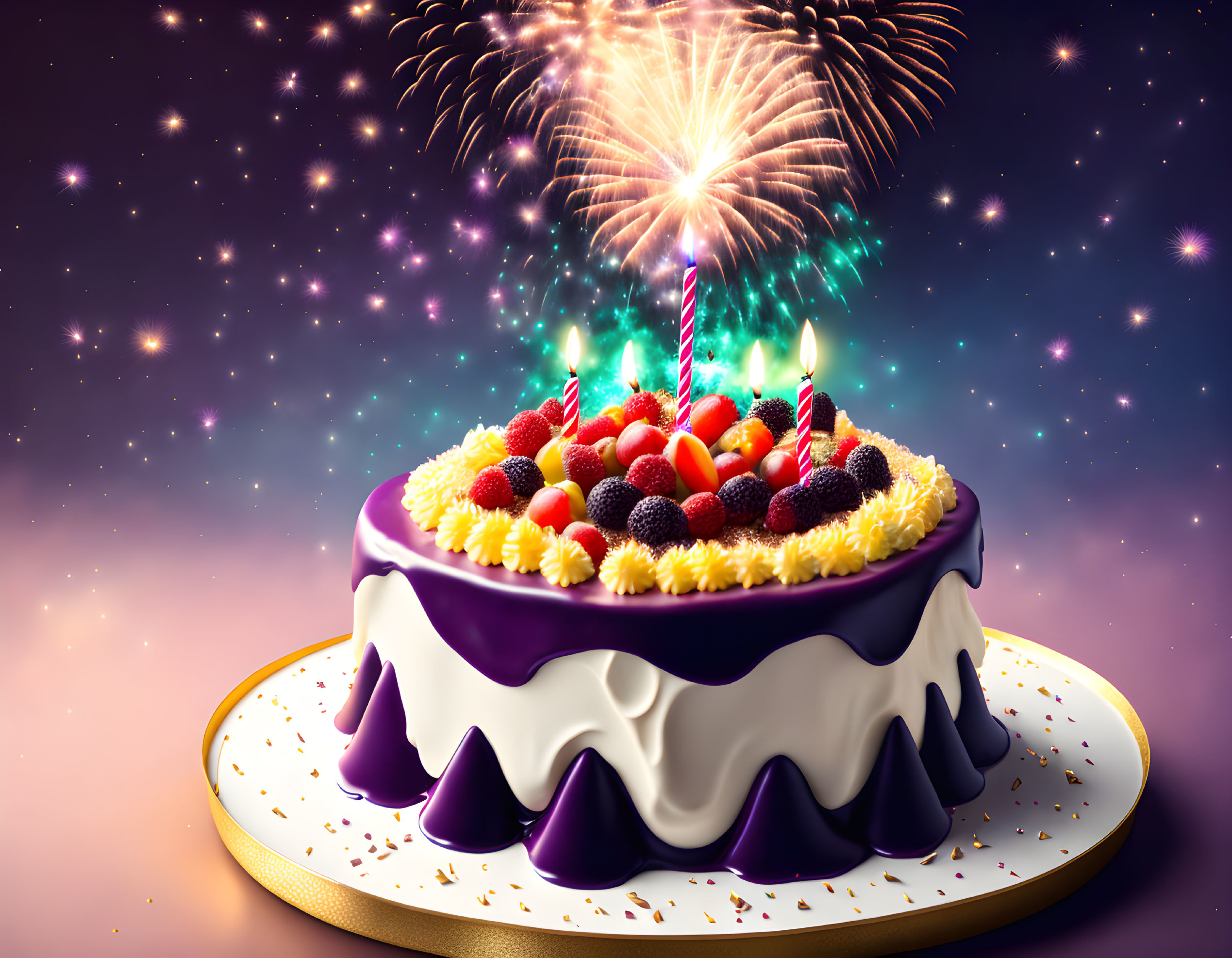 Colorful Birthday Cake with Berries and Sparklers on Firework Background