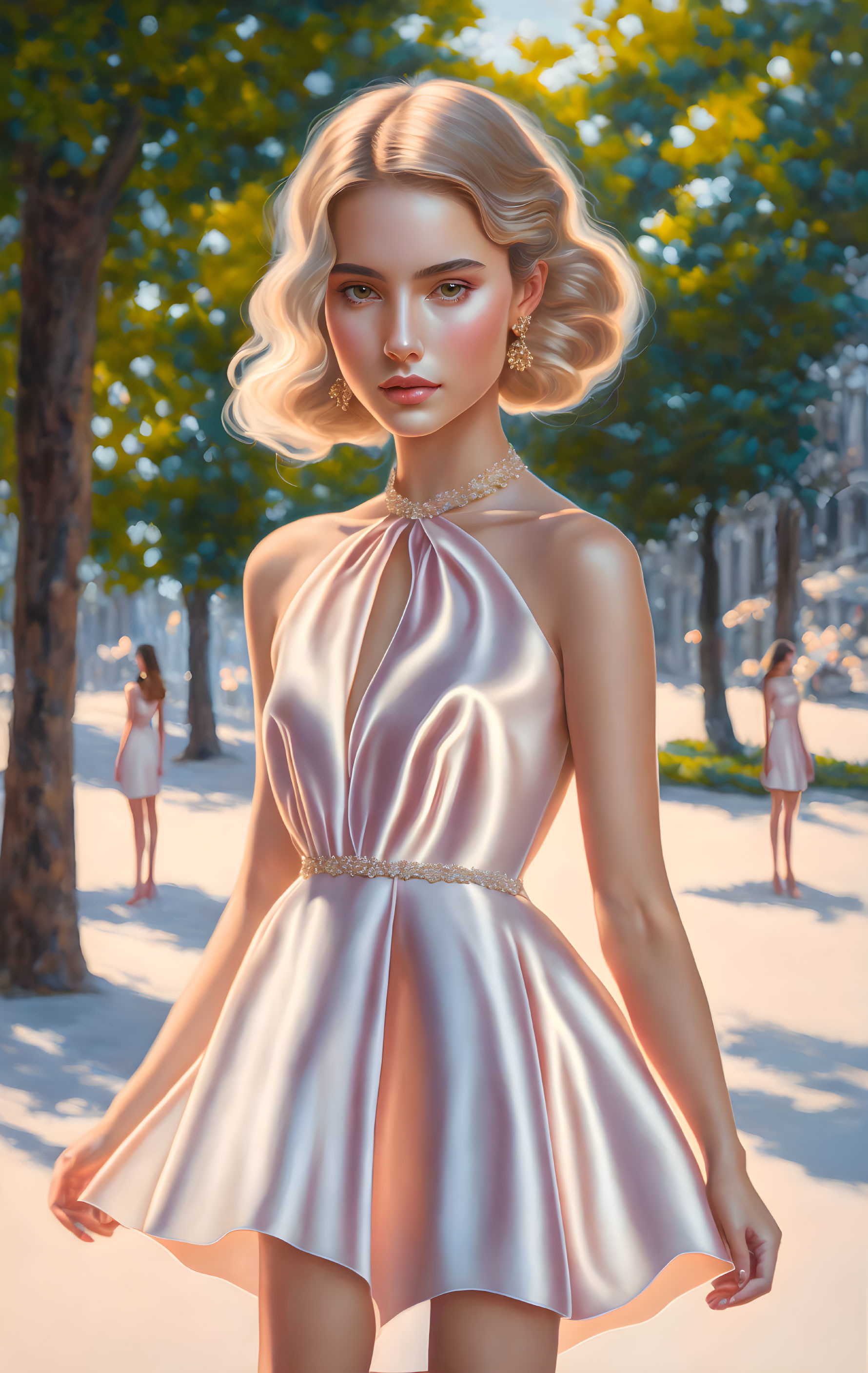 Blonde woman in satin dress with stylized trees and people.