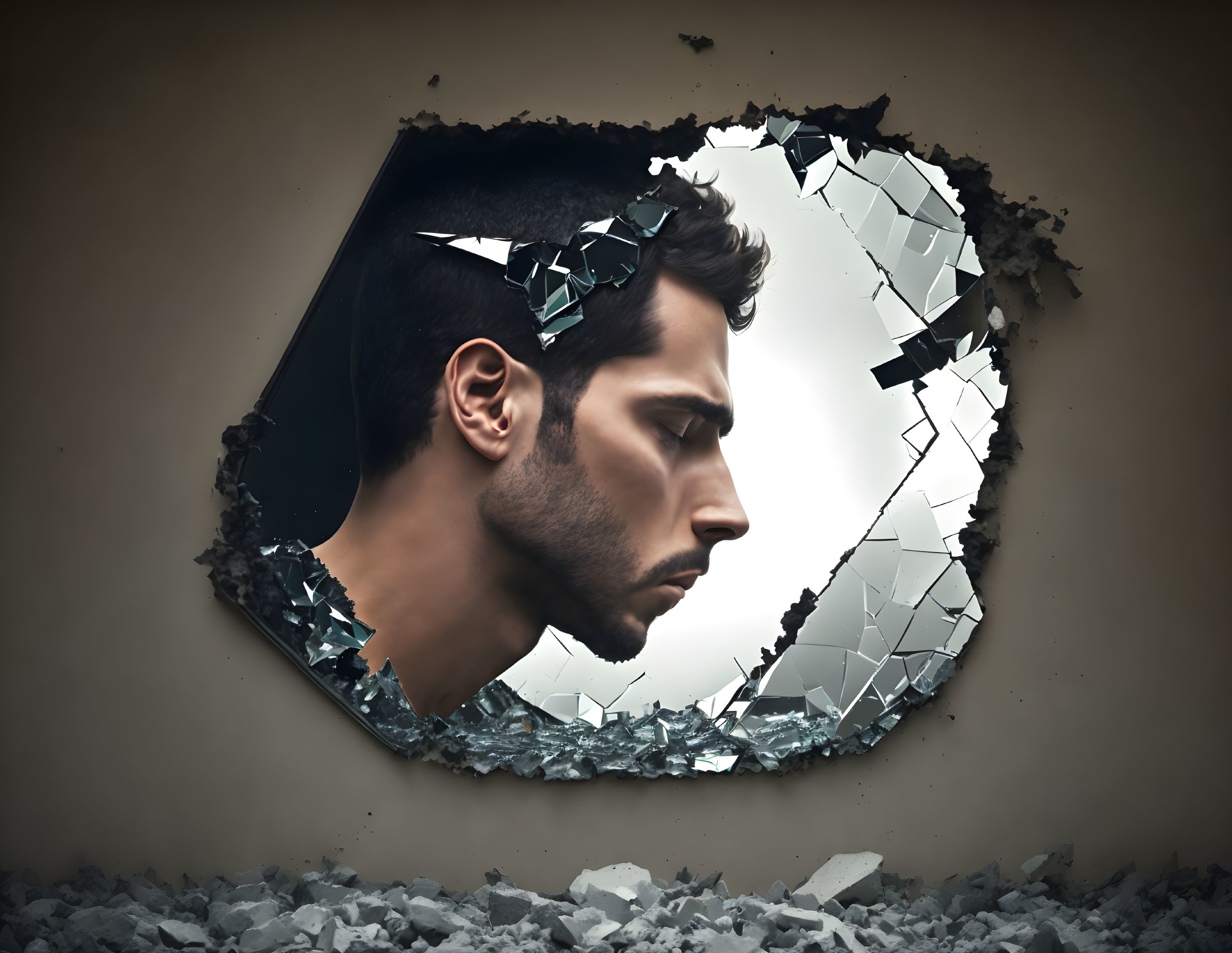 Shattered mirror reflects man's side profile