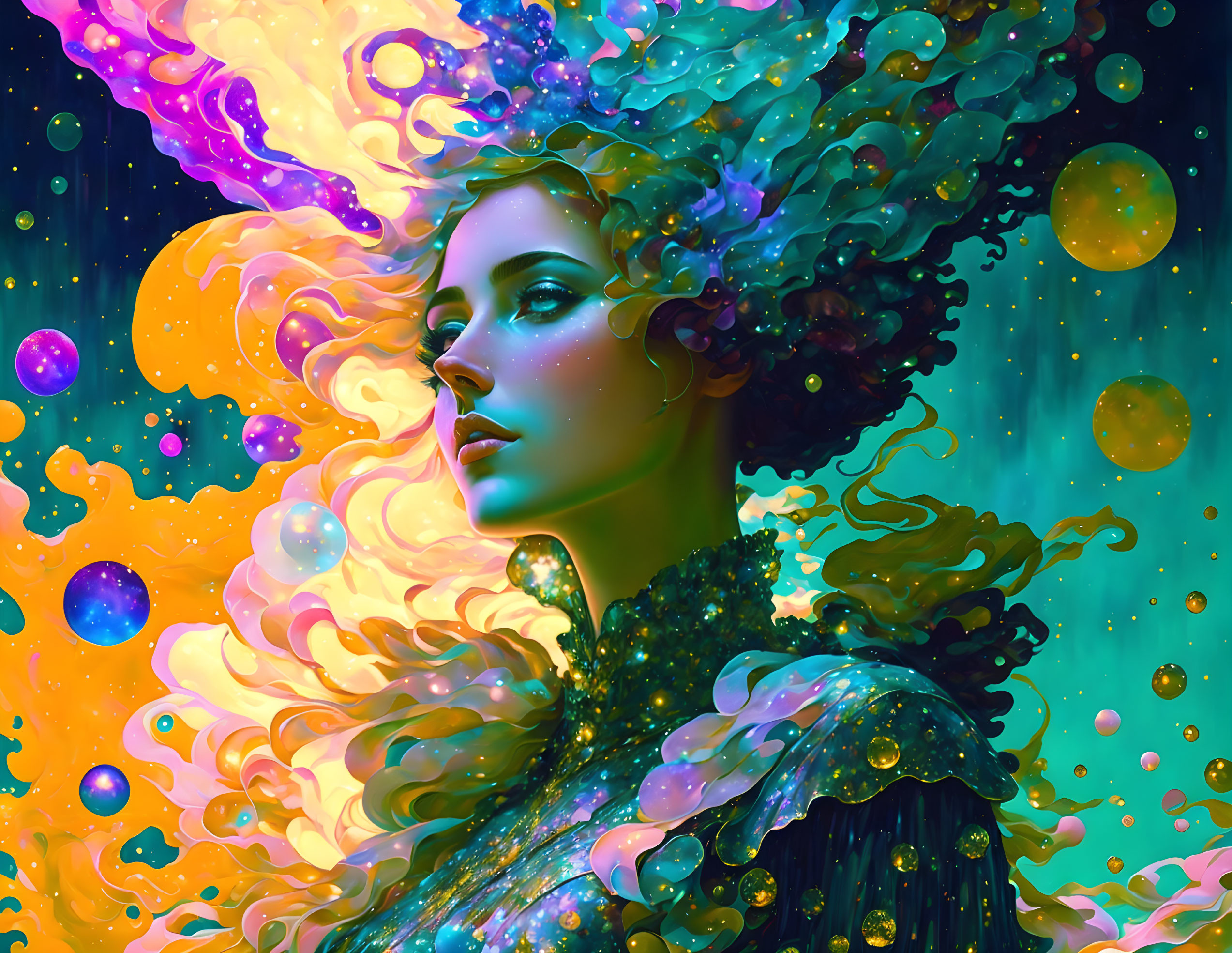 Colorful digital artwork: Woman with cosmic hair in starry space.