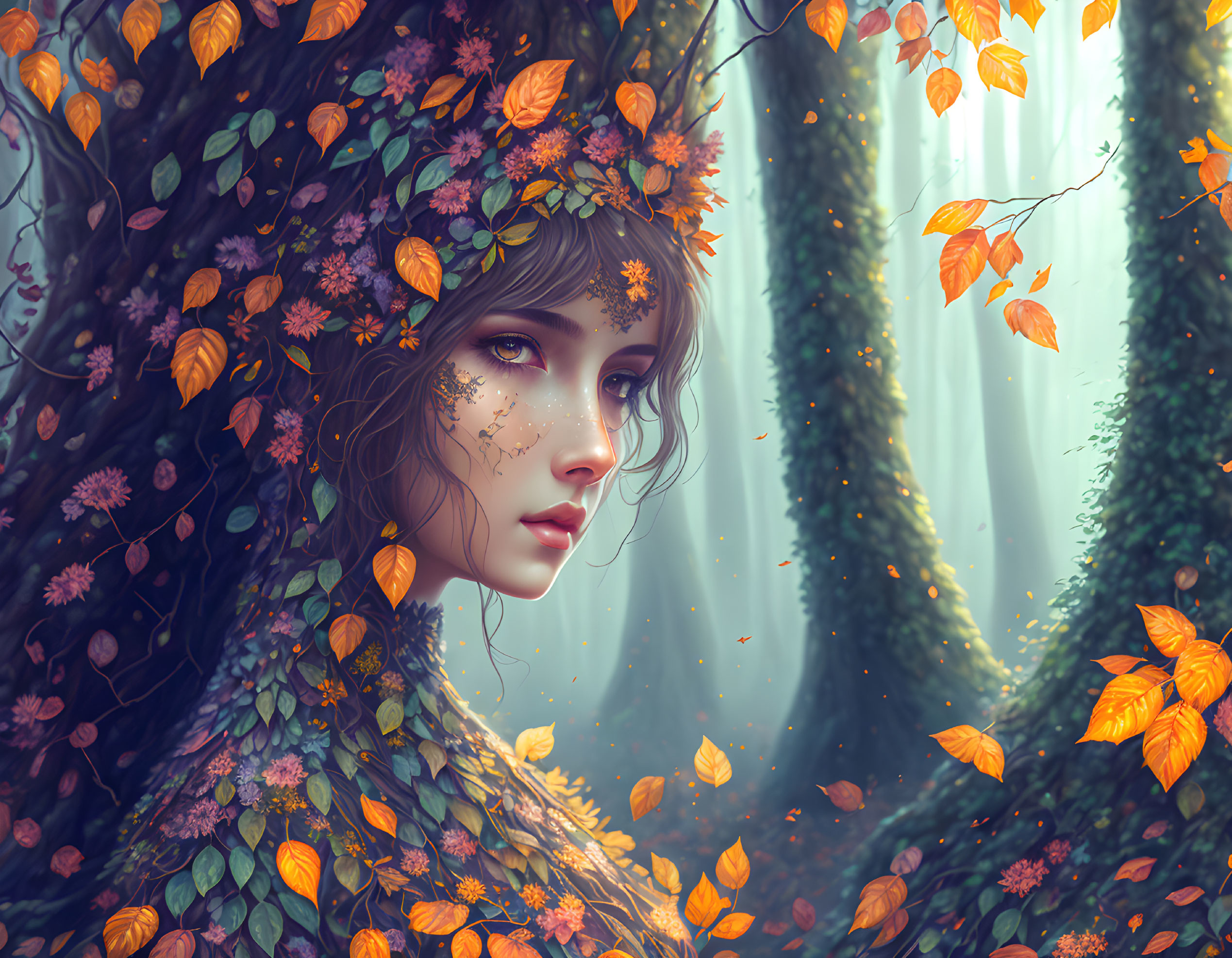 Mystical woman in autumn forest with leaves in hair and cloak