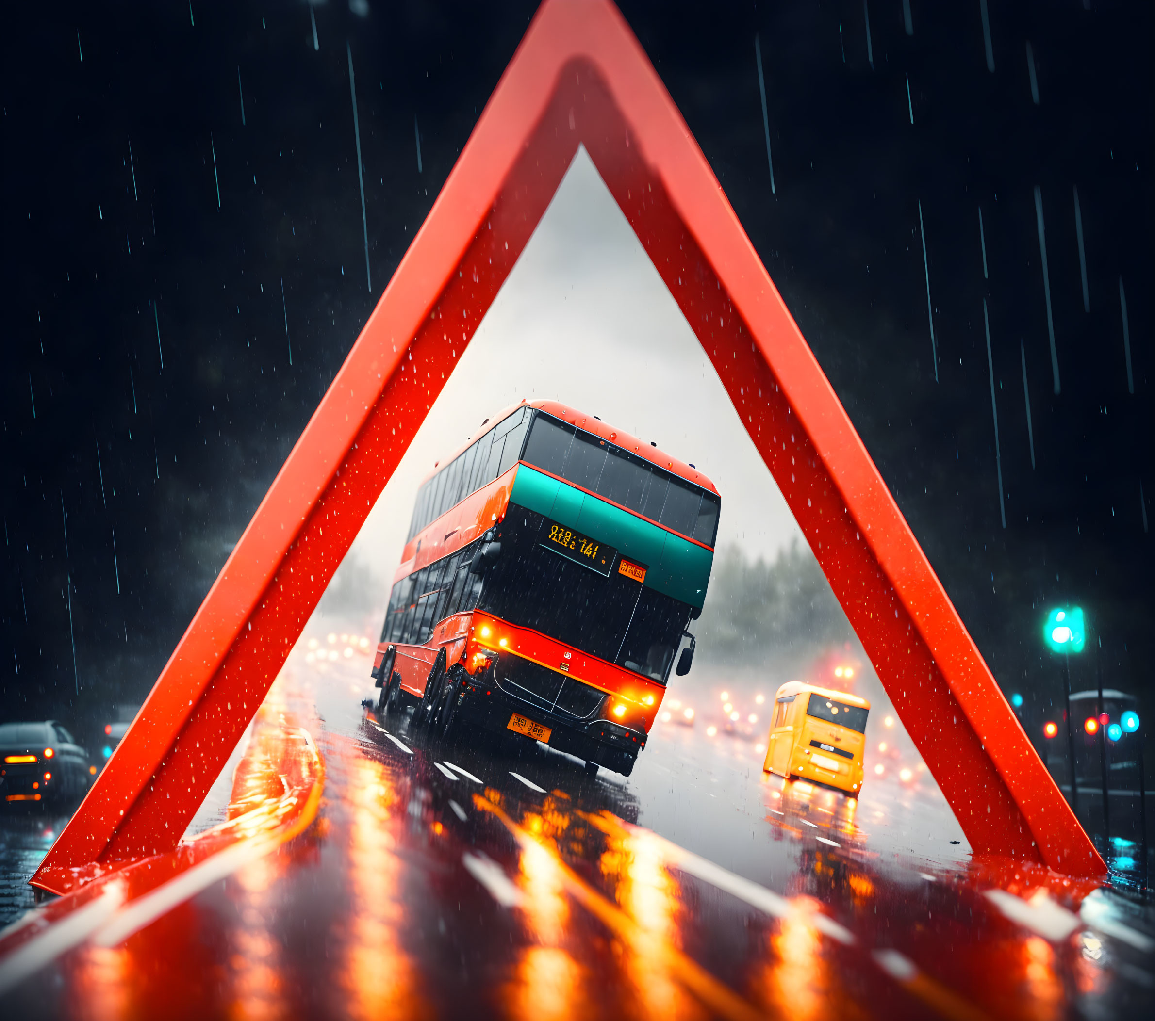 Double-decker bus passing red triangular structure on rainy street