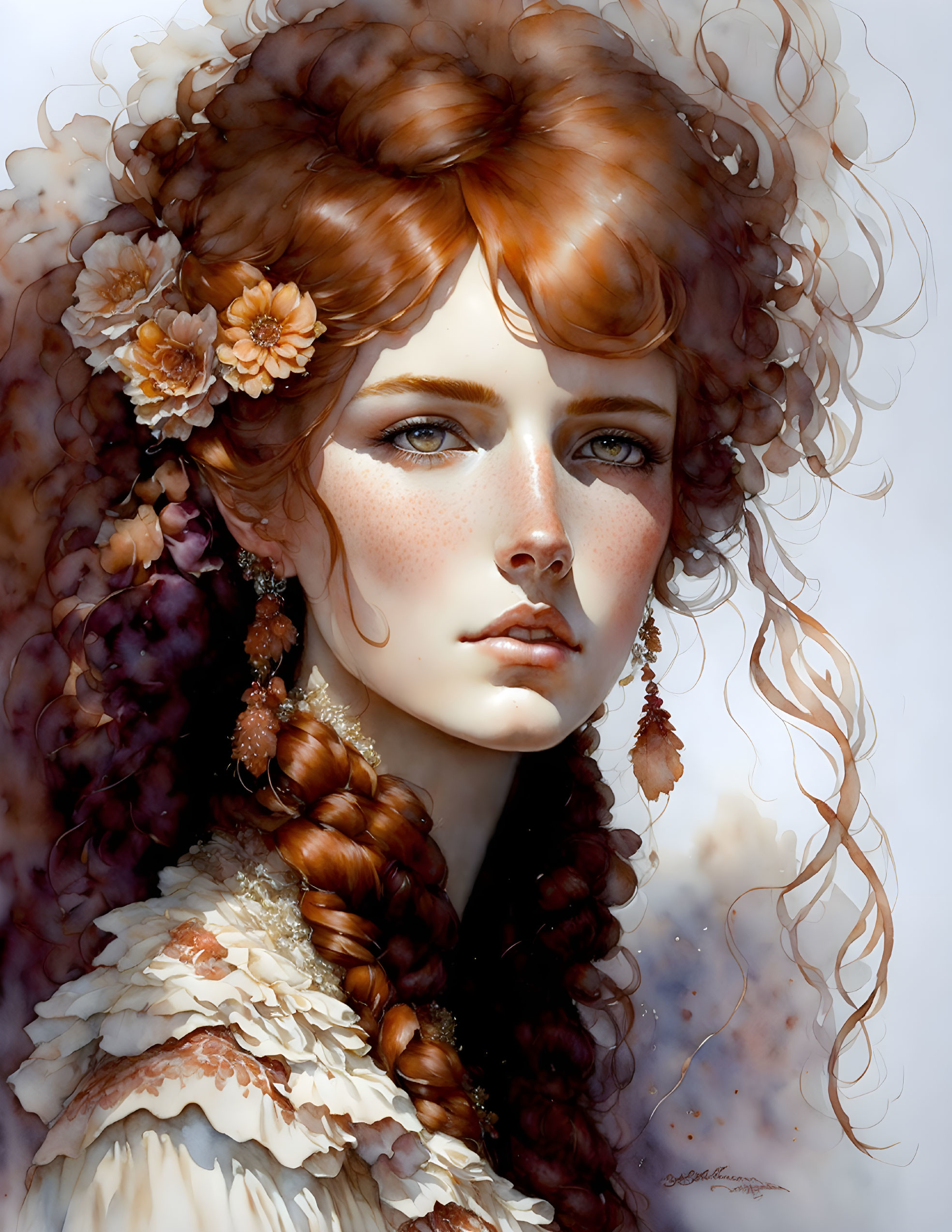 Detailed digital portrait of a woman with auburn curls, green eyes, and freckles