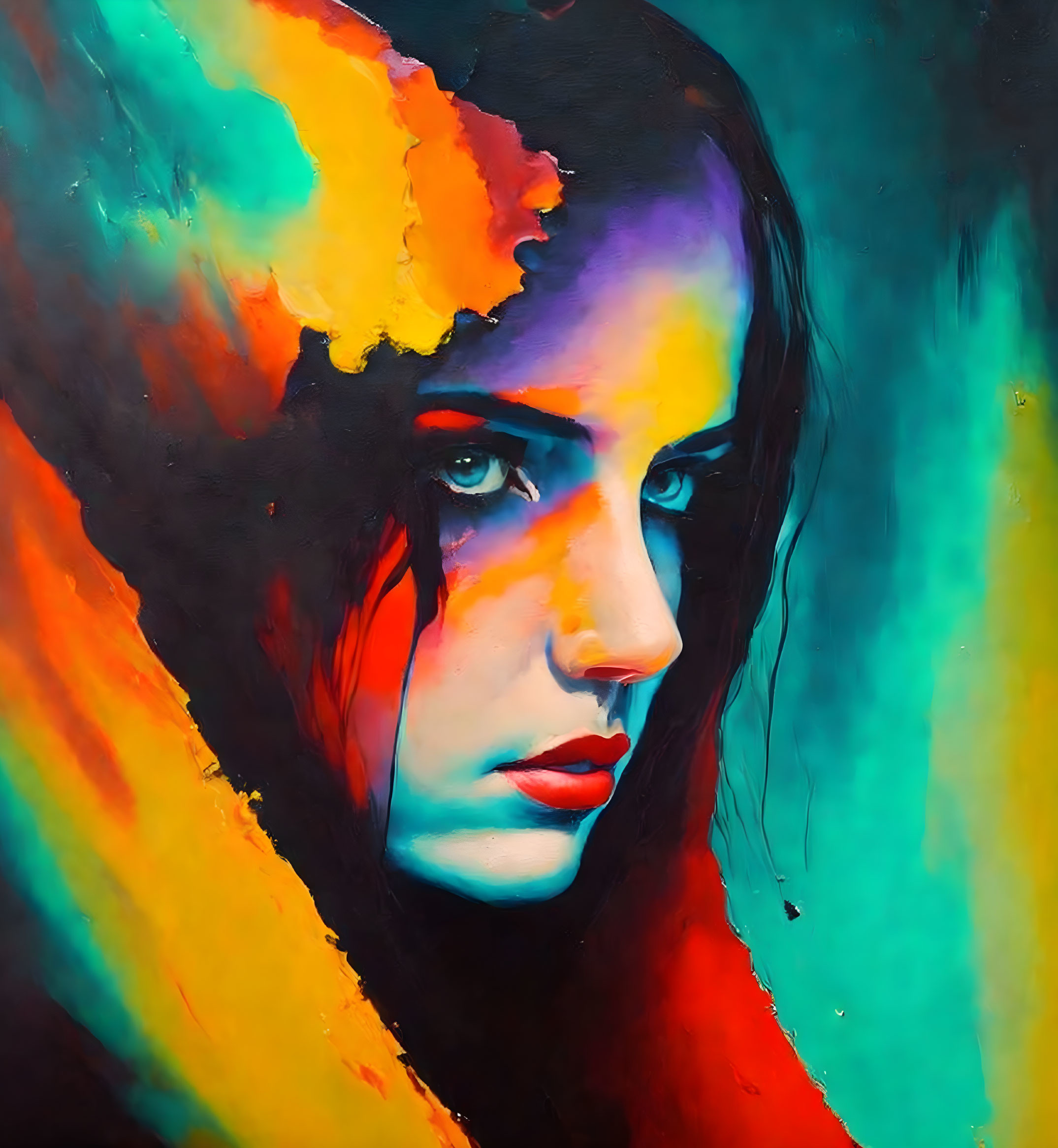 Colorful portrait of a woman with fiery red, orange, and teal hues.