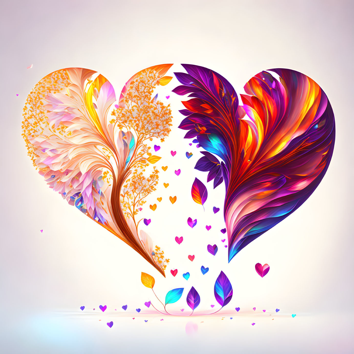 Colorful Heart Shapes with Wing-Like Designs on Purple Background