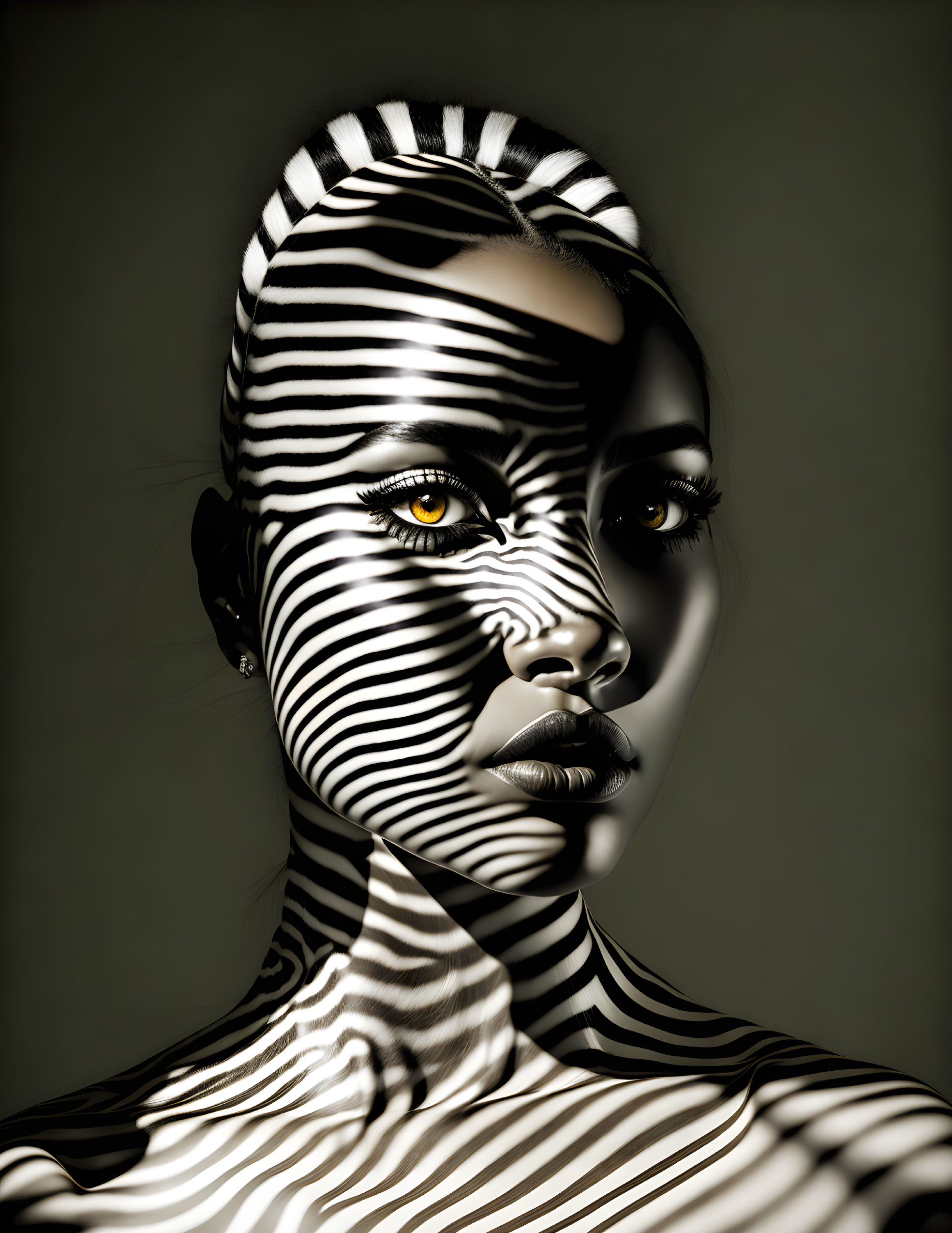 Portrait of a woman with zebra stripe shadows emphasizing facial features