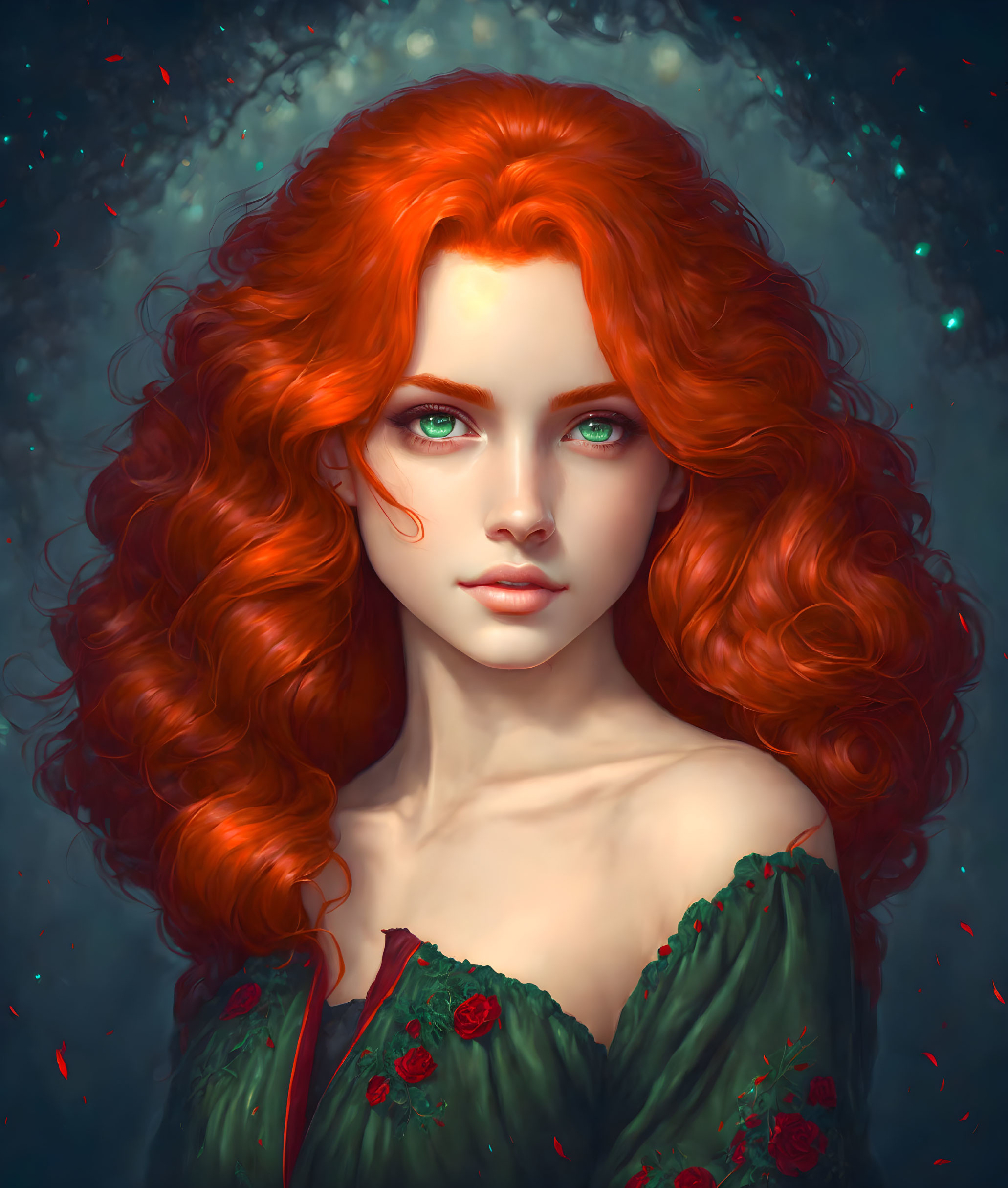 Vibrant red-haired woman with green eyes in mystical setting