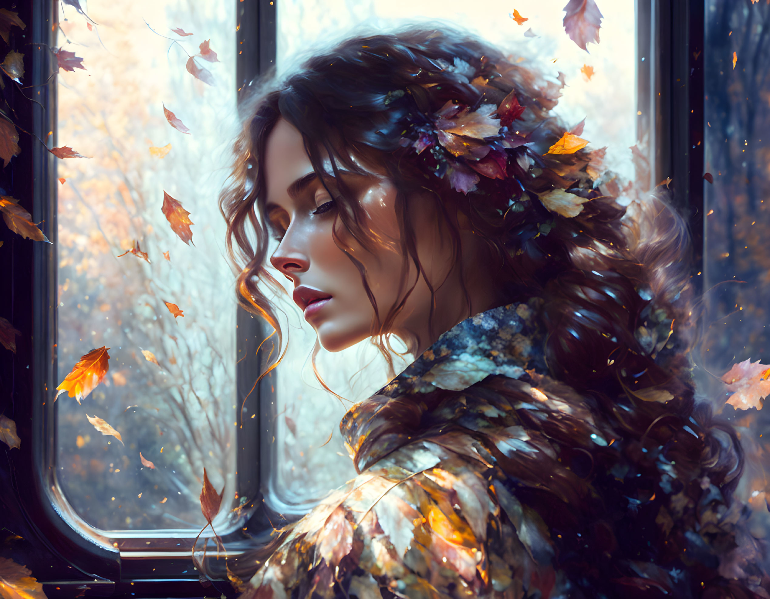 Woman with autumn leaves in hair looking out window with falling sunlight leaves