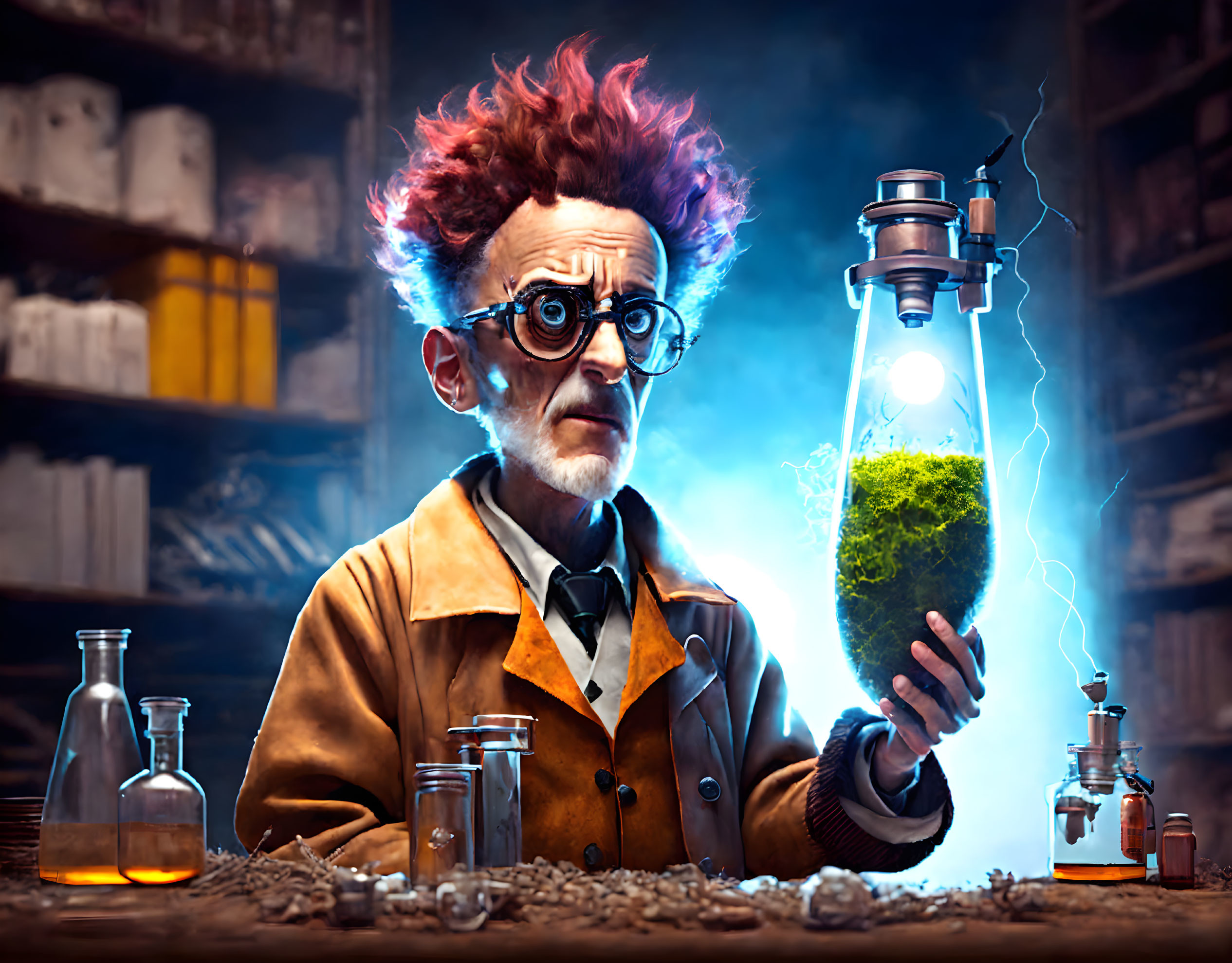 Scientist with wild hair holding glowing lightning flask in cluttered lab