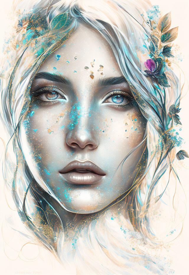 Ethereal portrait of woman with blue-tinted skin and gold flecks surrounded by swirls