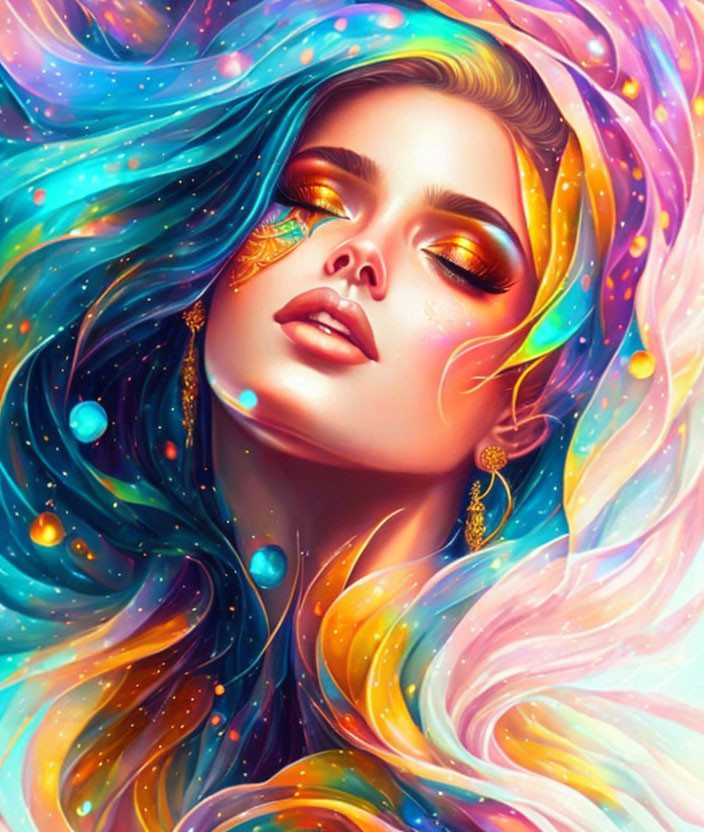 Colorful flowing hair woman illustration with galaxy theme.