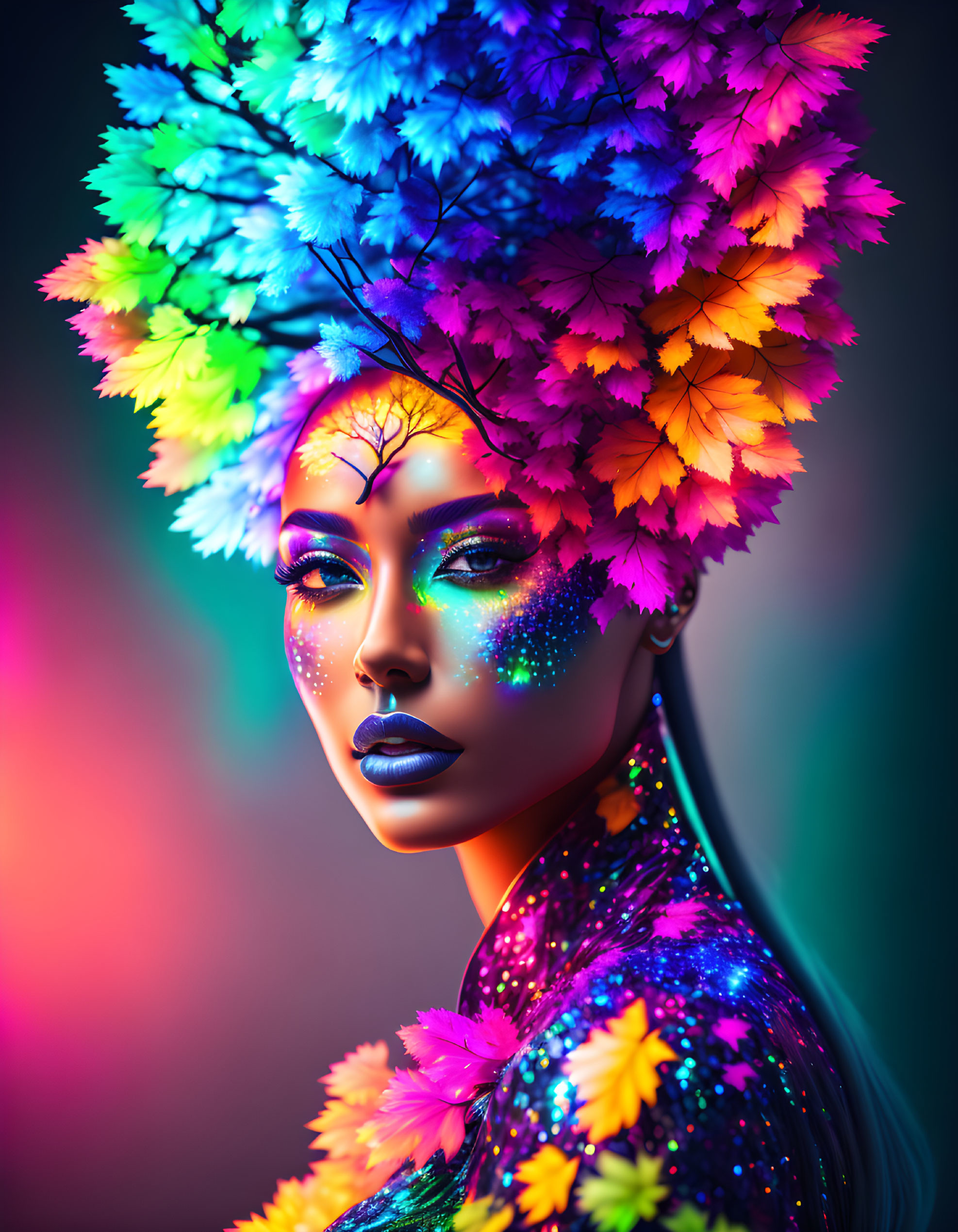 Colorful digital artwork of woman with leaf hair and glitter skin on neon background