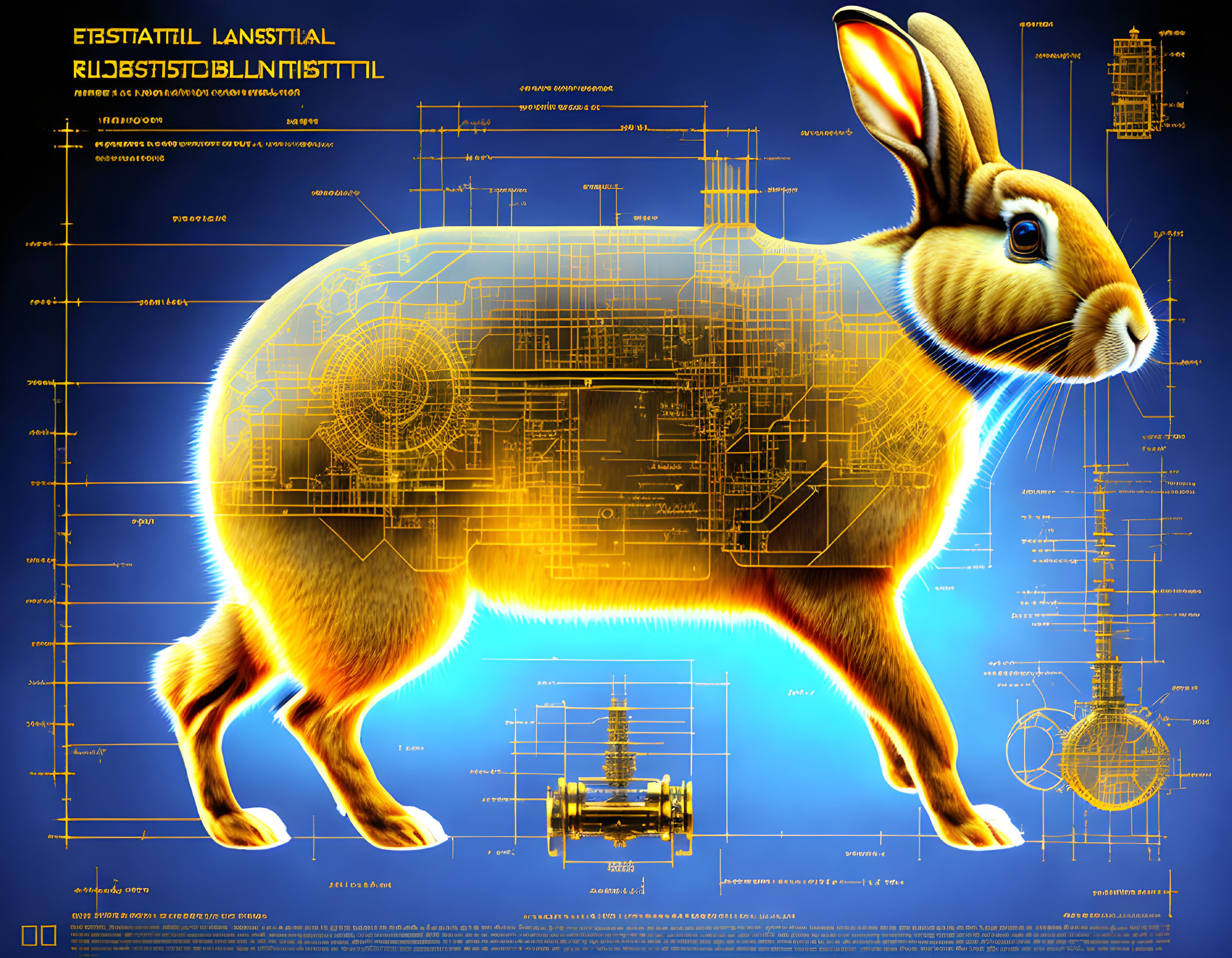 Detailed Rabbit Blueprint Illustration in Glowing Yellow and Blue