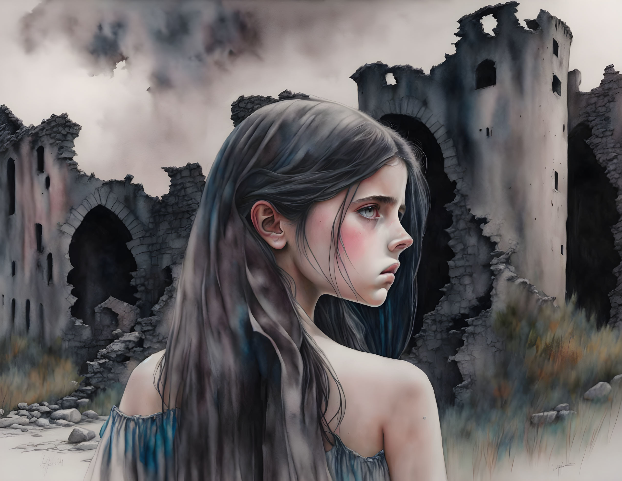 Young girl with long hair in front of smoky castle ruins