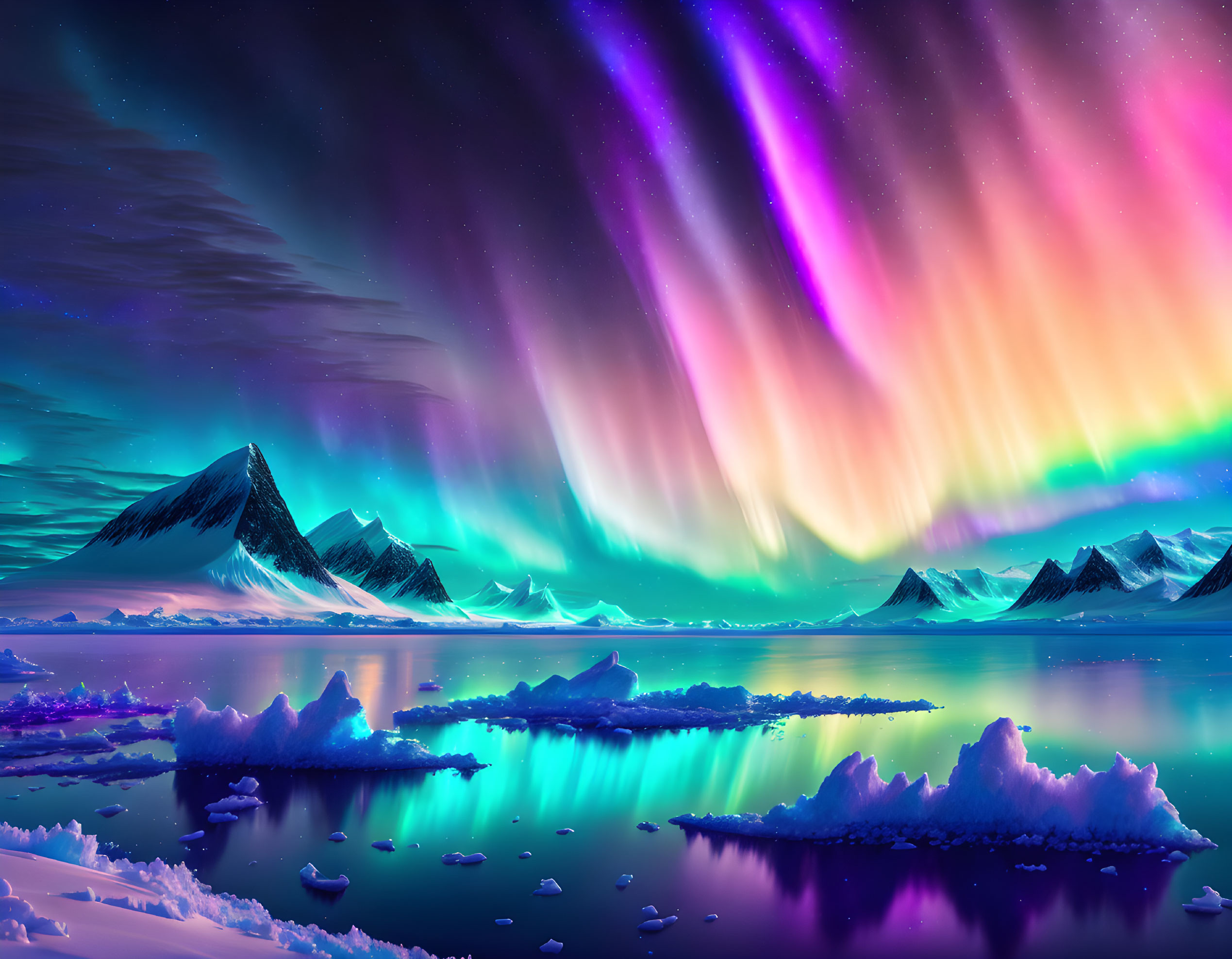 Majestic aurora borealis over icy landscape with floating icebergs