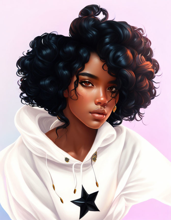 Digital portrait of woman with curly black hair in white hoodie & gold facial jewelry