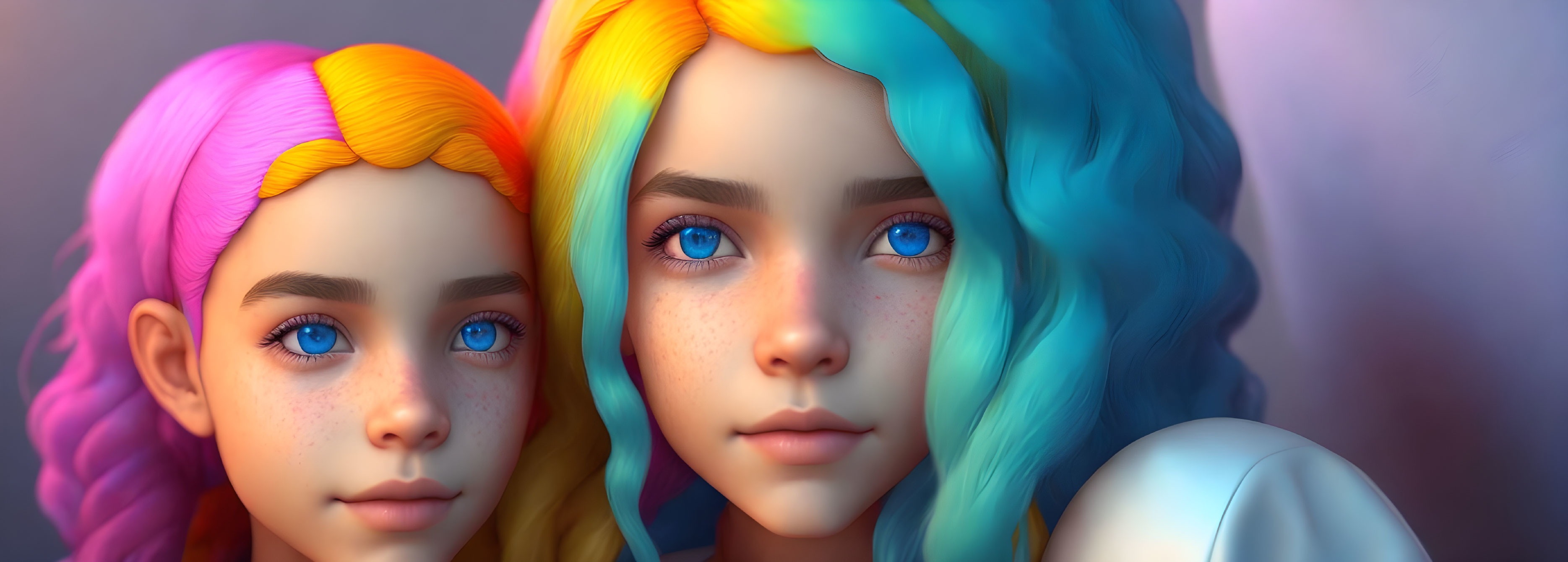 Digital avatars with pink and blue vibrant hair and realistic blue eyes on soft-focused background