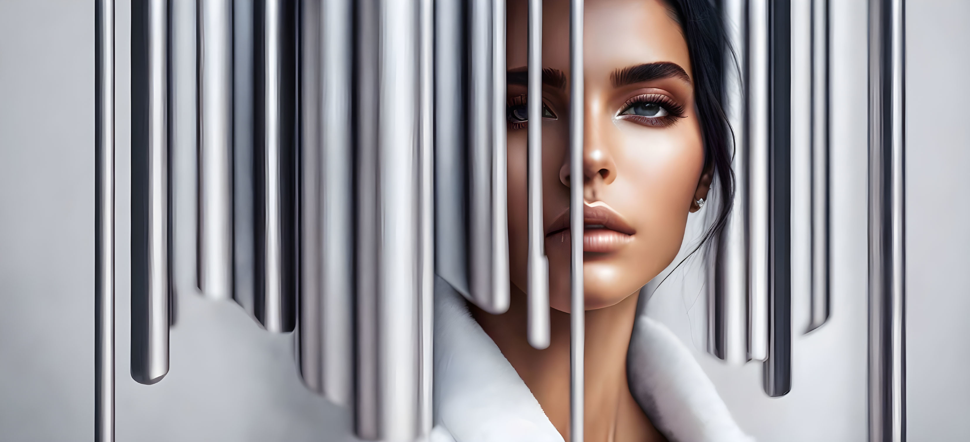 Woman gazing through vertical metallic bars with thoughtful expression