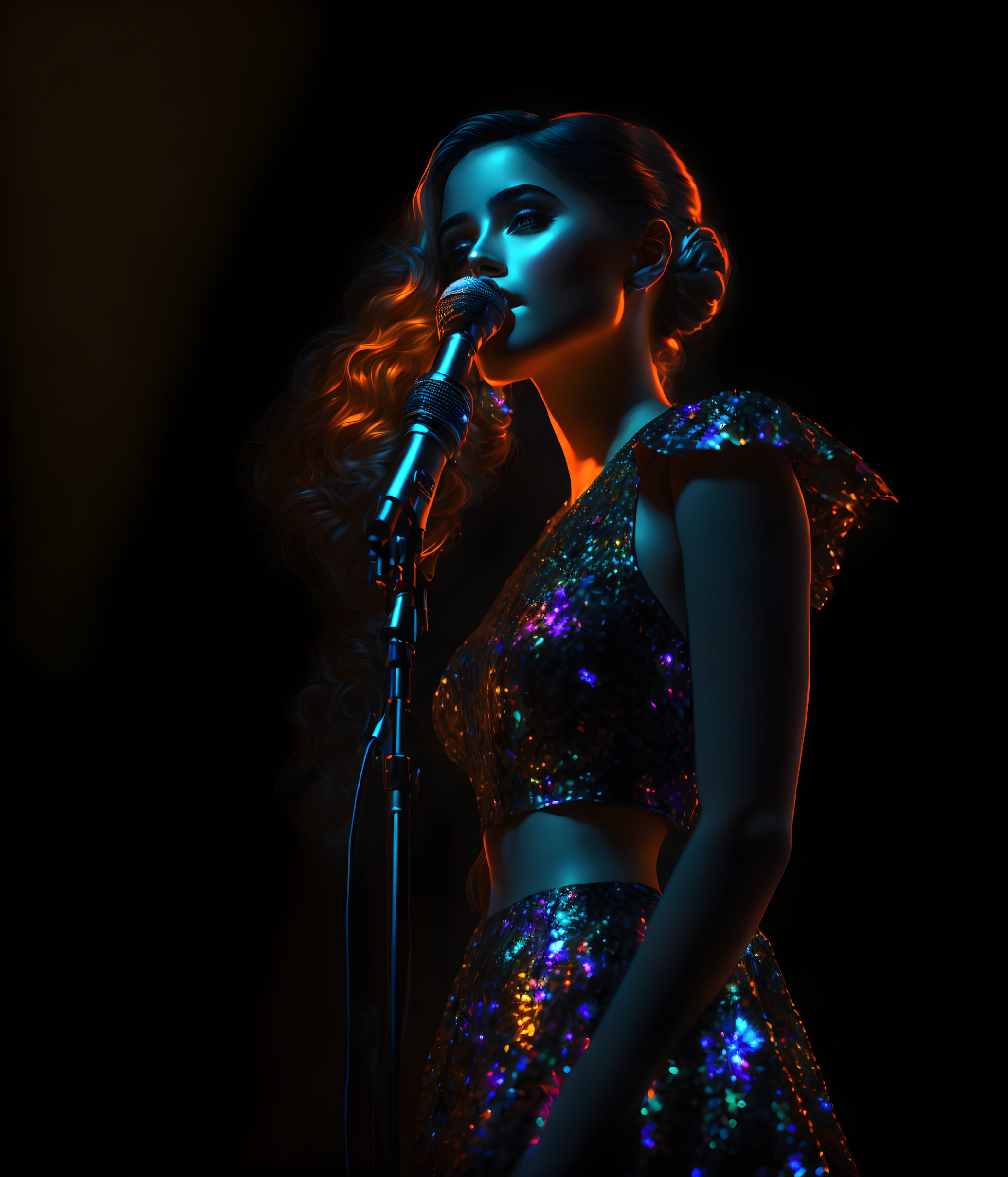 Glowing woman in sparkling dress singing under neon lights