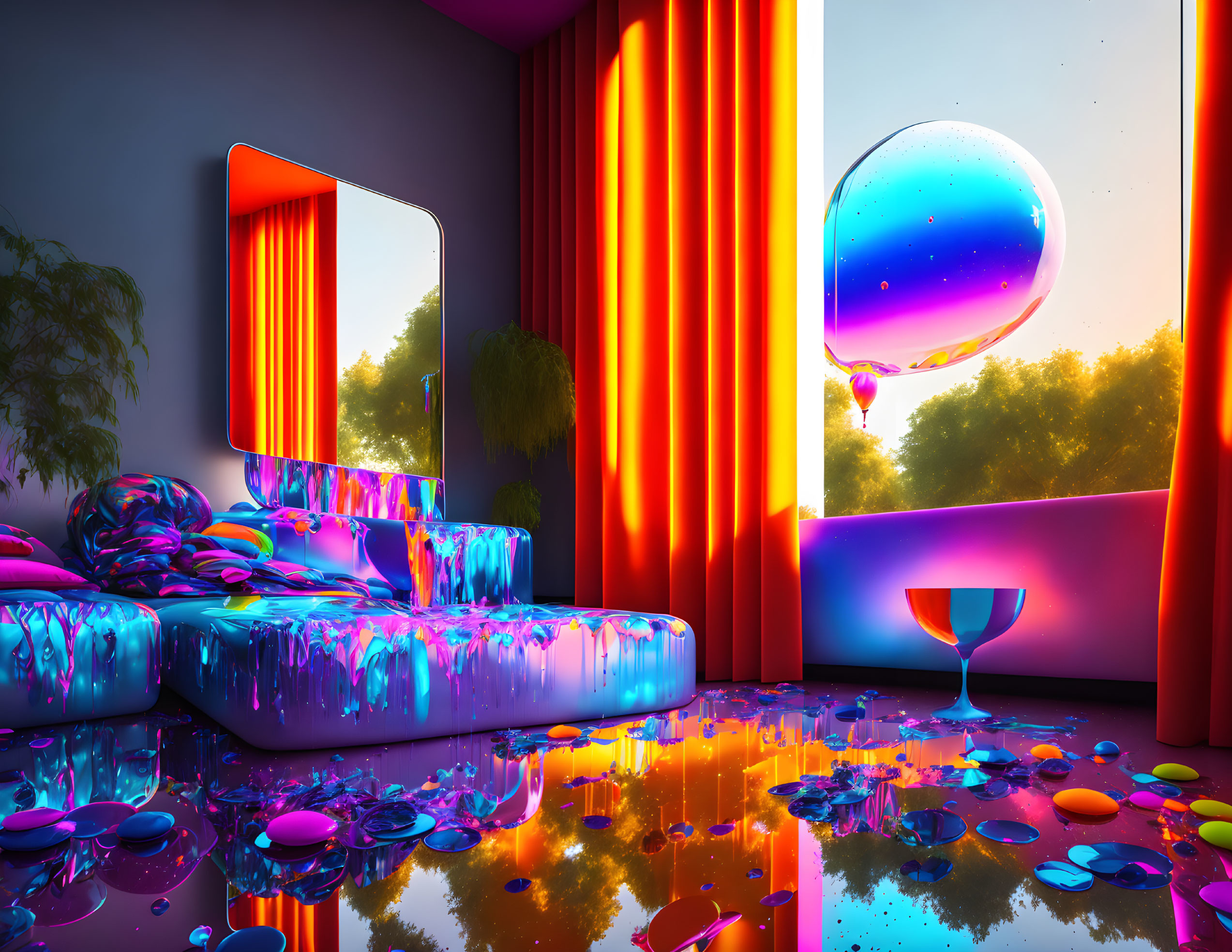 Colorful Futuristic Room with Glossy Floor and Neon Lights