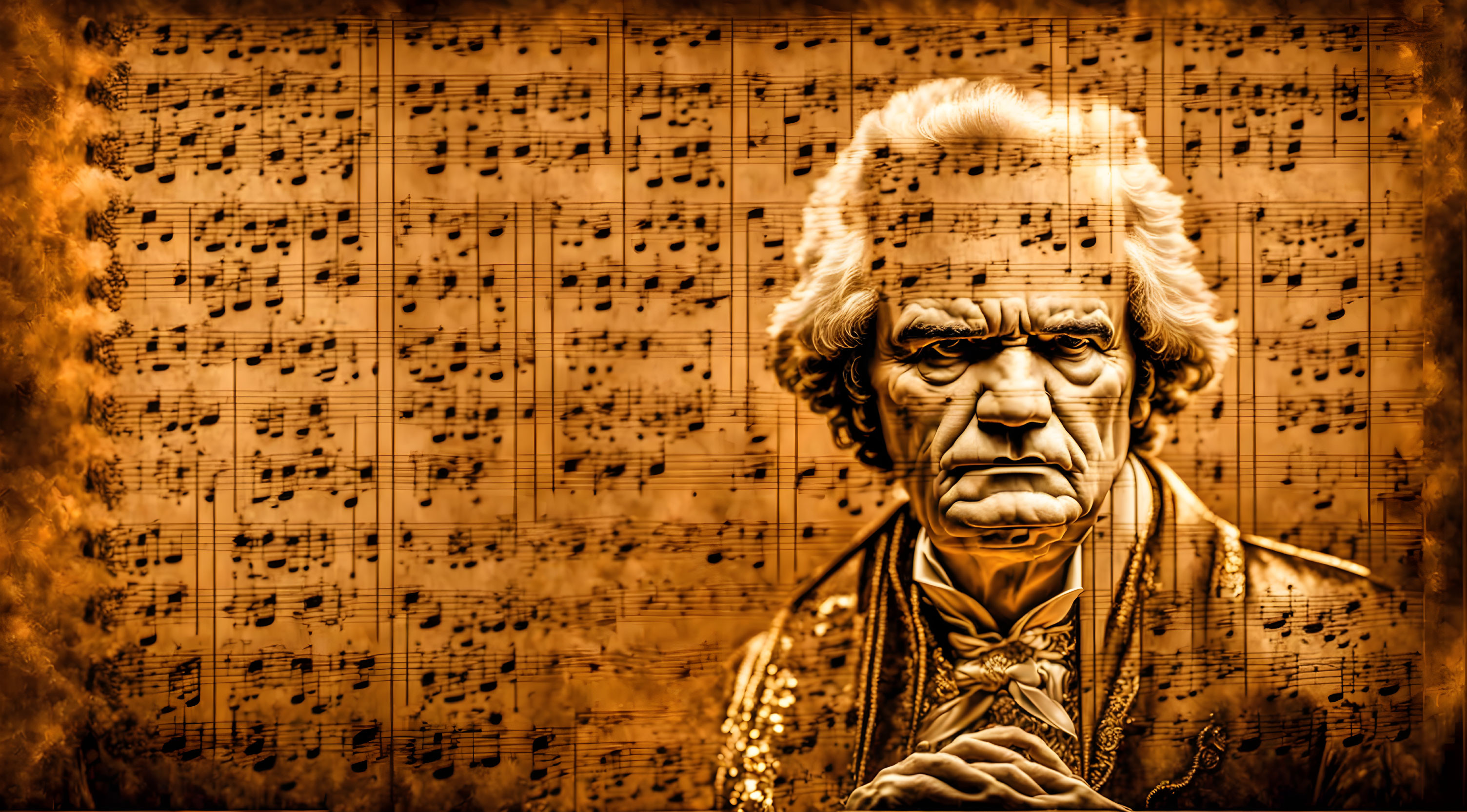 Historical figure with wild hair in sepia tone against musical scores