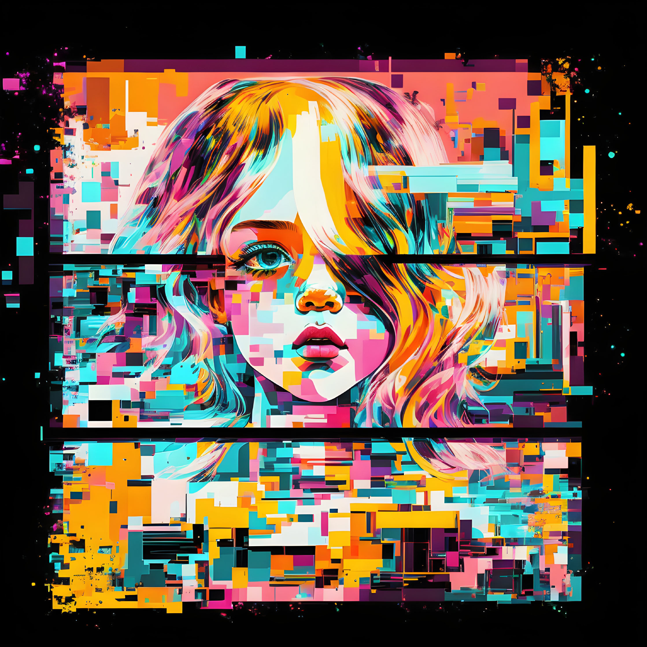 Colorful Glitch Patterns Fragment Girl's Face