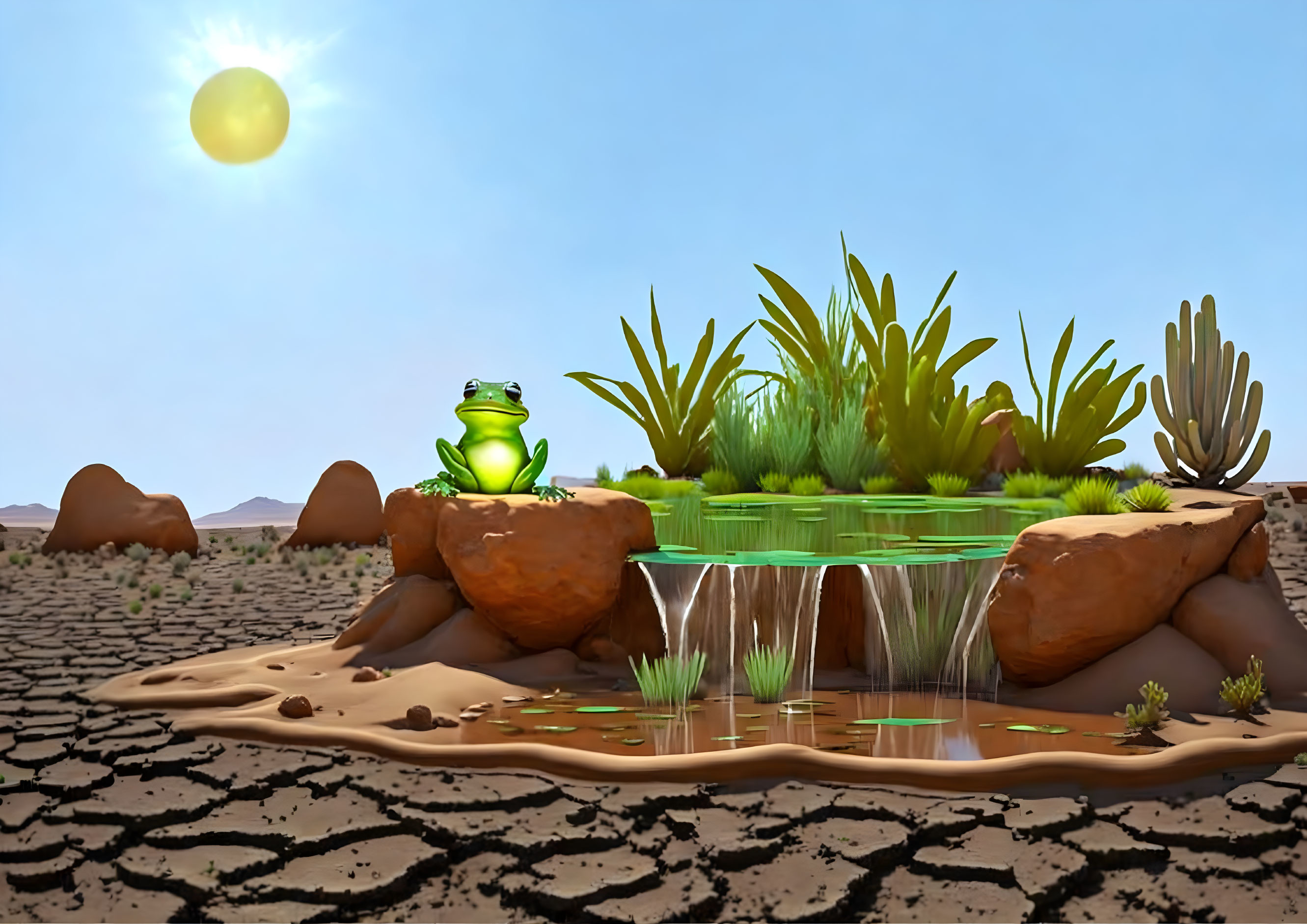 Cartoon frog by oasis in desert with cacti