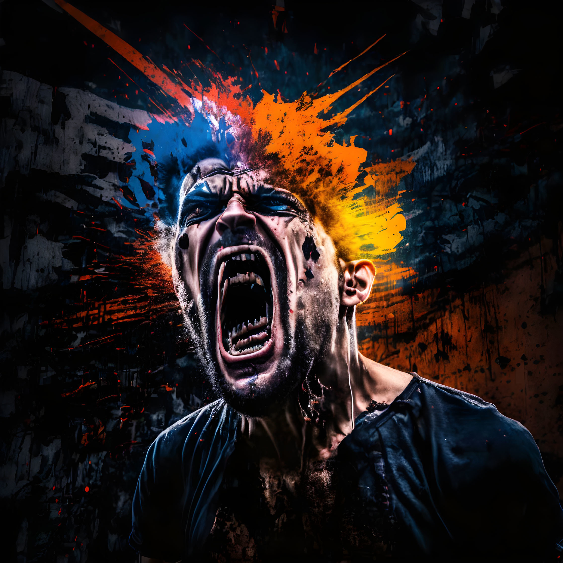 Intense man screaming with colorful paint explosion on dark background