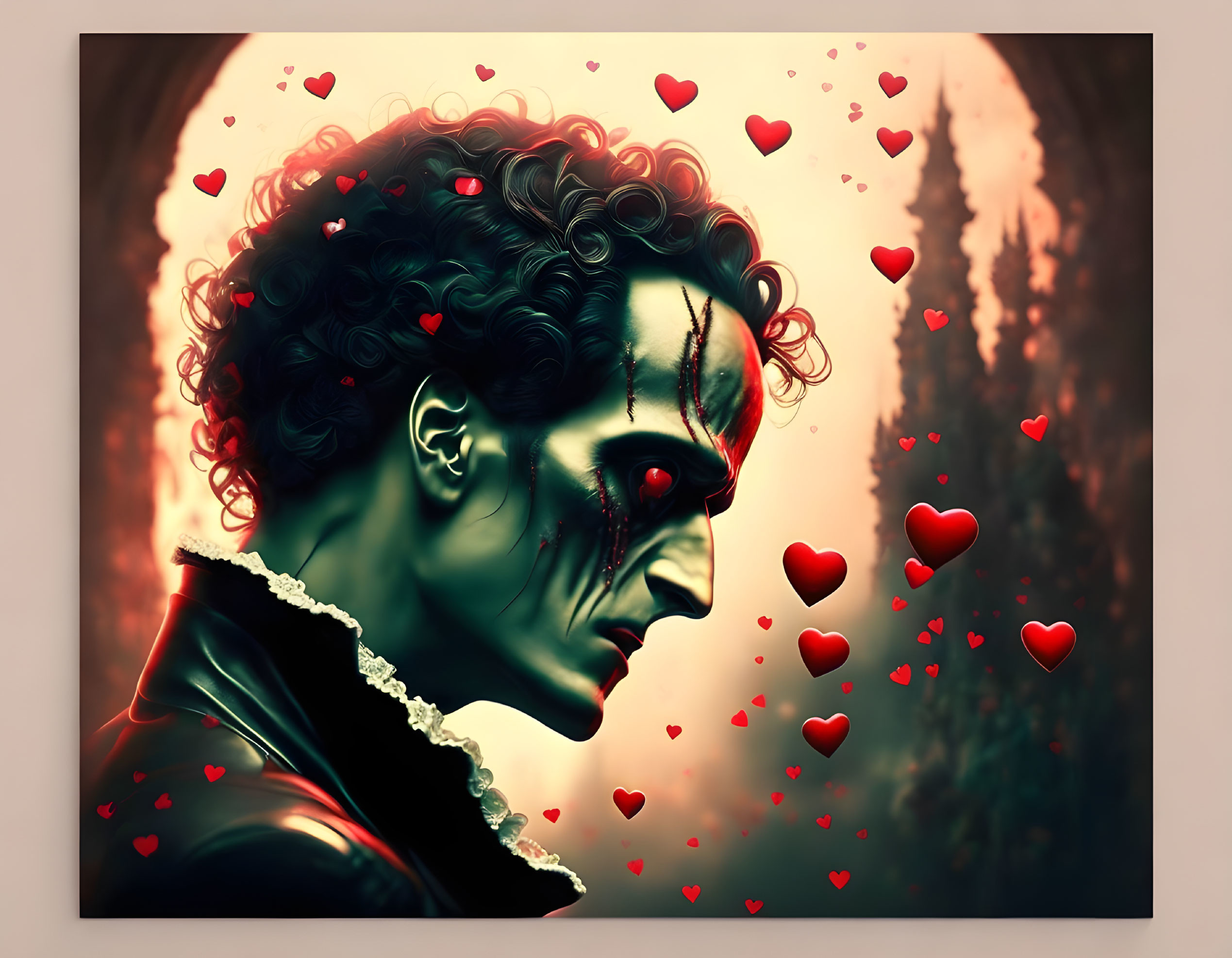 Gothic-style digital art: Skull-faced figure in dark attire with red hearts and forest backdrop