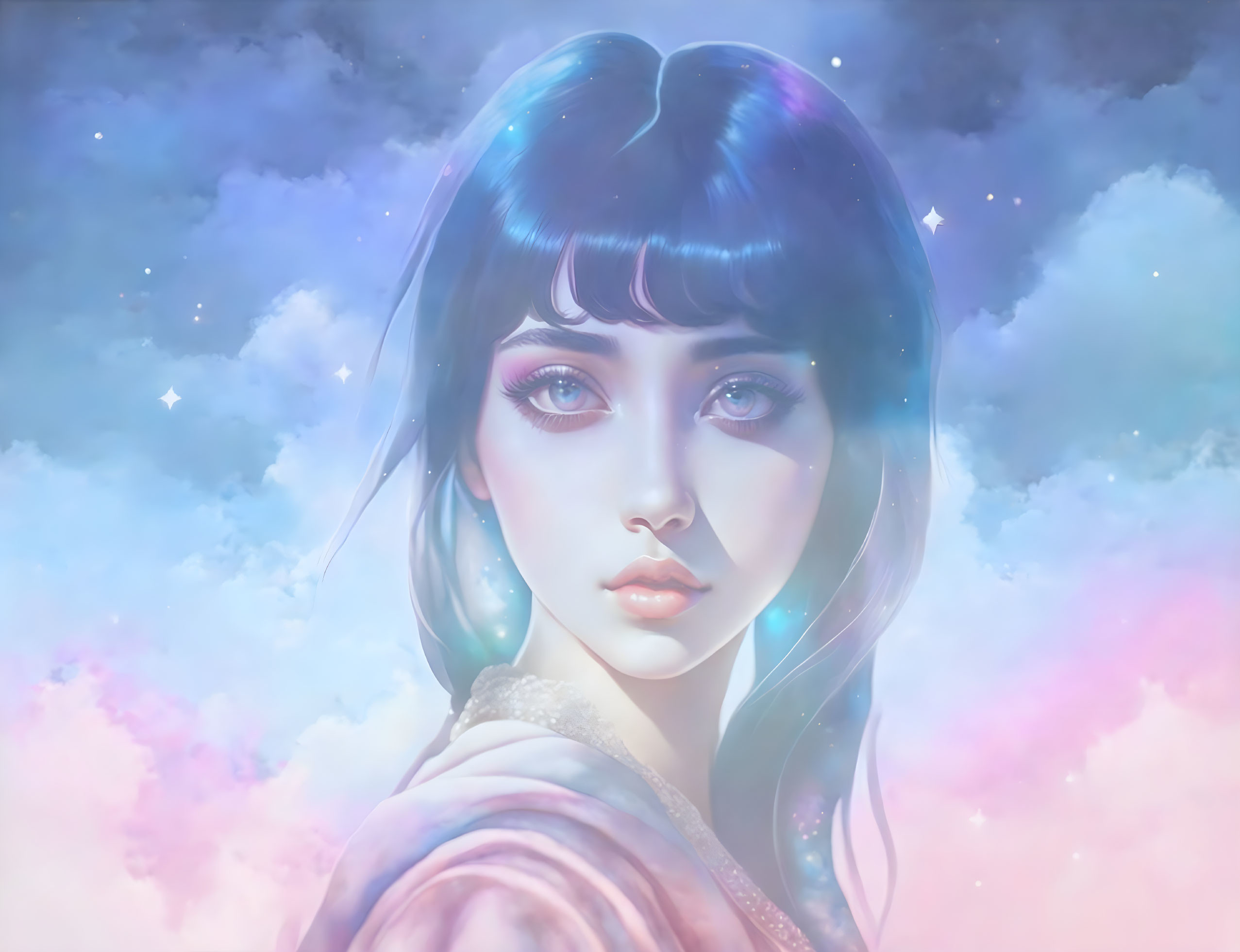 Digital artwork featuring young woman with blue hair in dreamy pastel sky