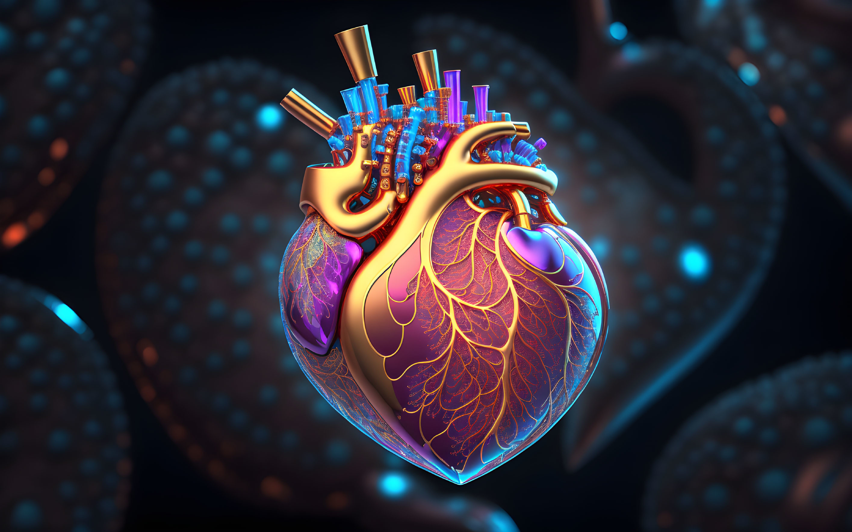 Detailed metallic human hearts on dark background