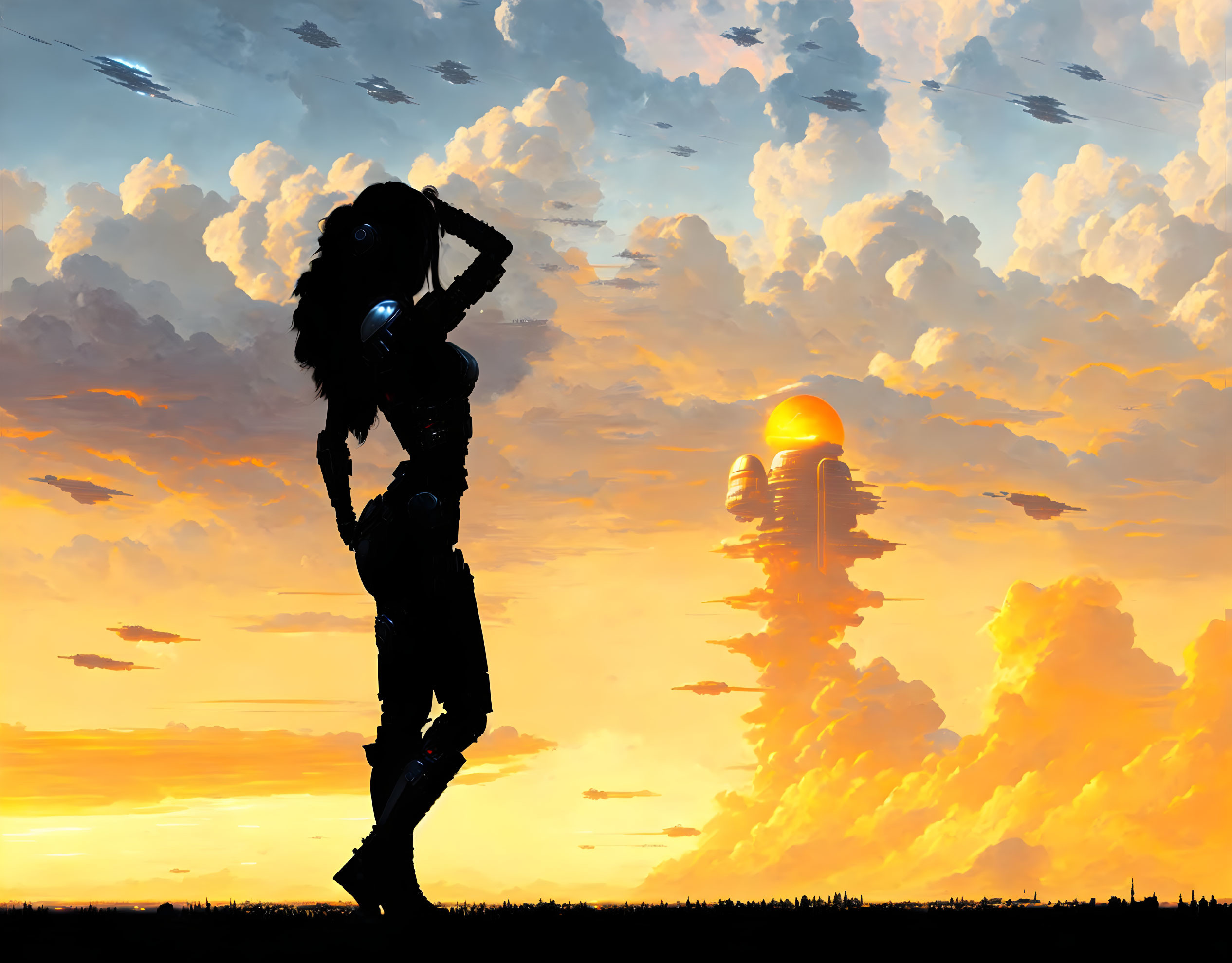 Person's silhouette against vibrant sunset with futuristic rocket-like structure.