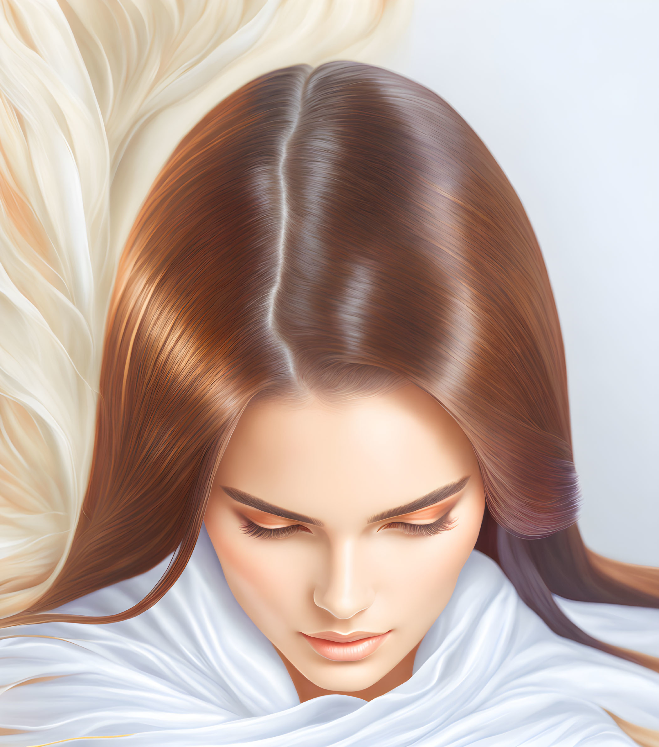 Digital artwork: Woman with long brown hair and soft features in white fabric