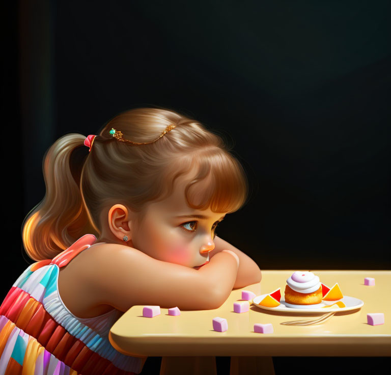 Young girl with ponytail gazes at cupcake in dim lighting