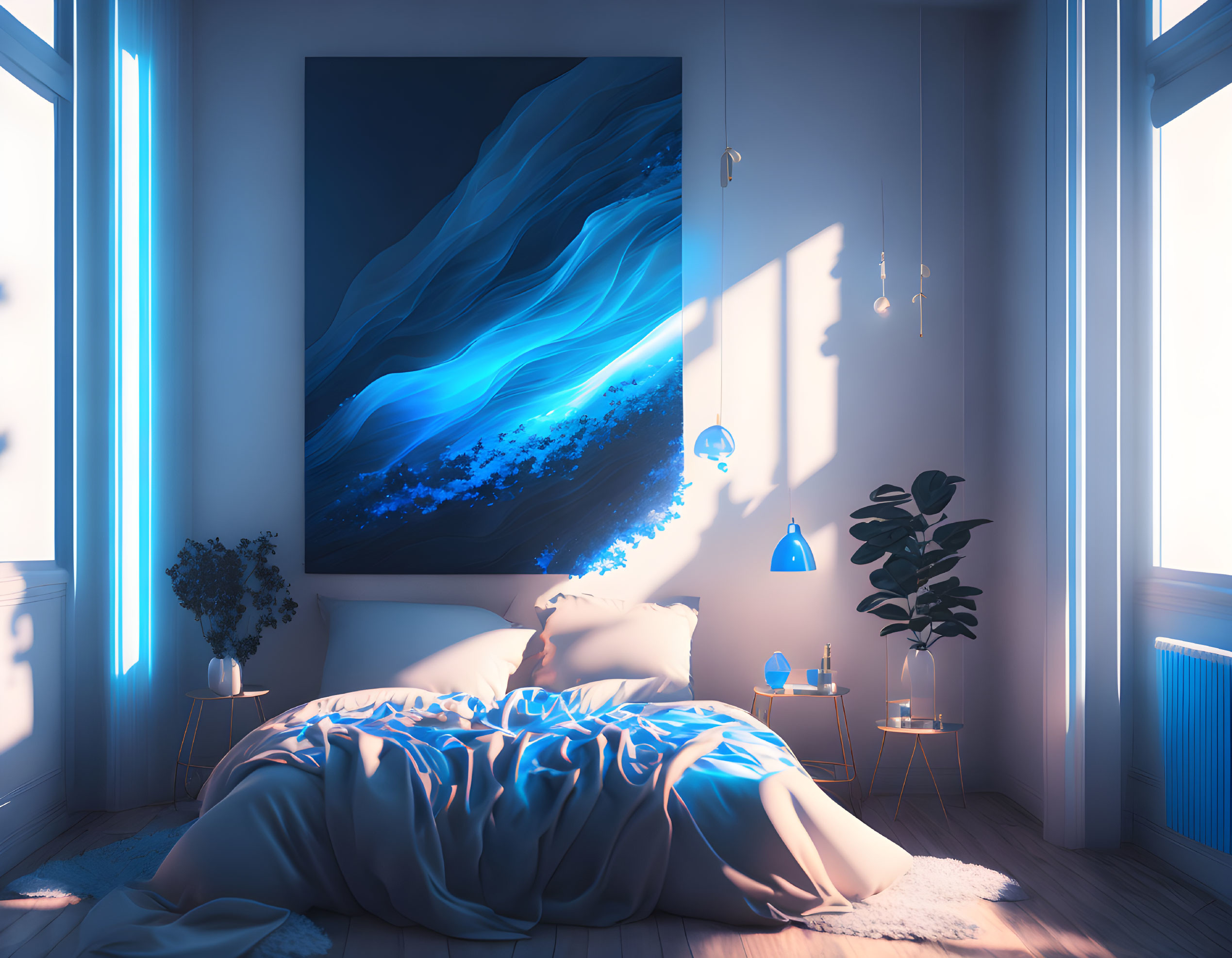 Morning-Lit Bedroom with Blue Abstract Painting