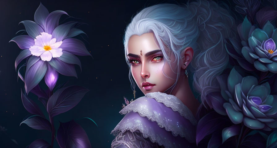 Fantasy female with white hair and violet eyes among dark and purple exotic flowers in nighttime setting.