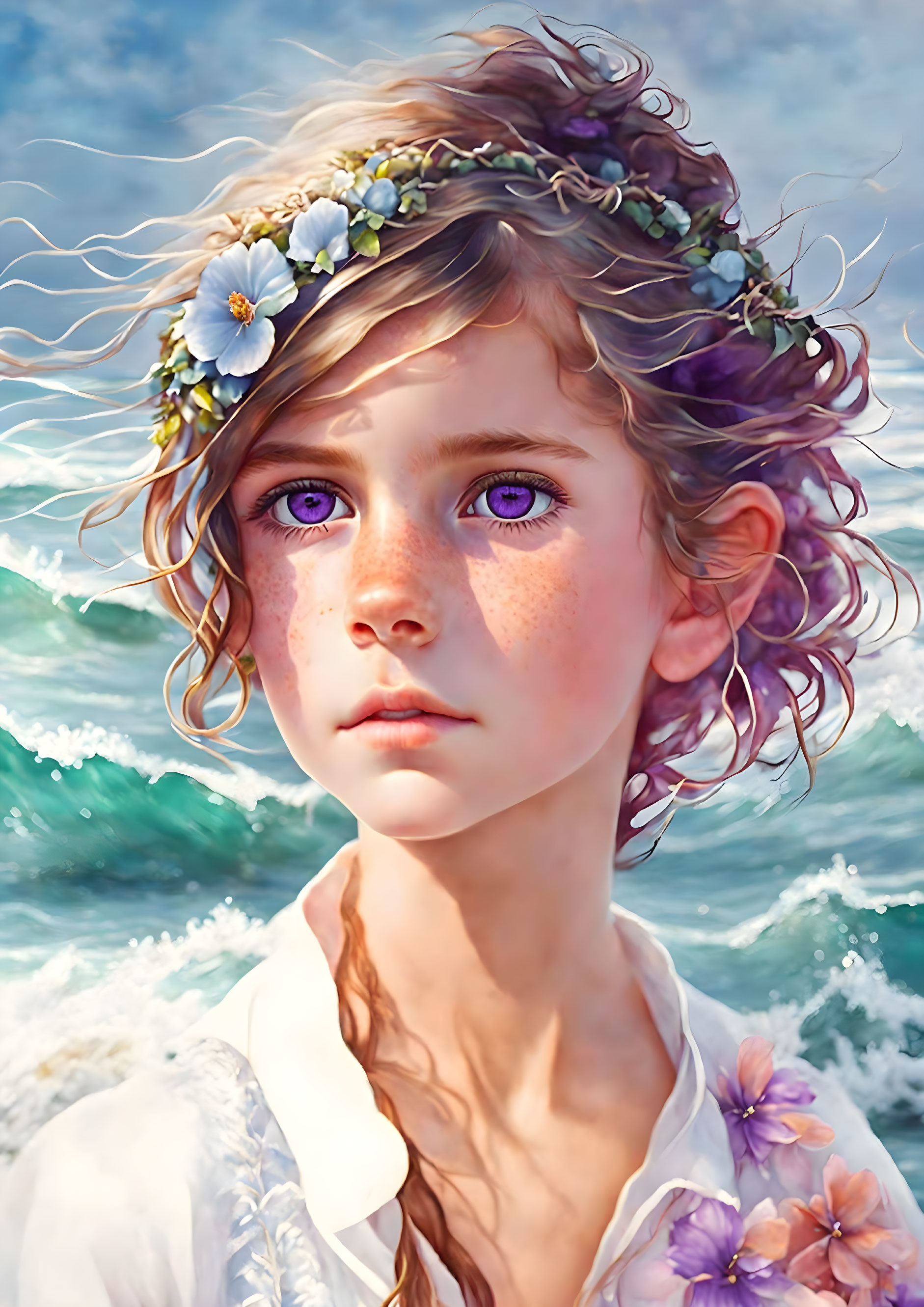 Digital painting of young girl with floral wreath and purple hair by ocean waves