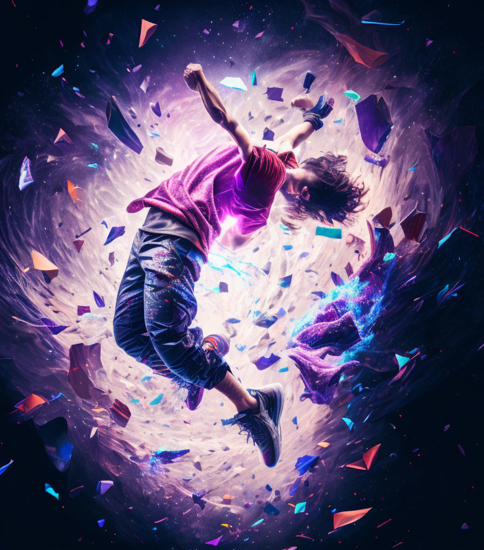 Colorful Swirl of Shards Surrounding Floating Figure