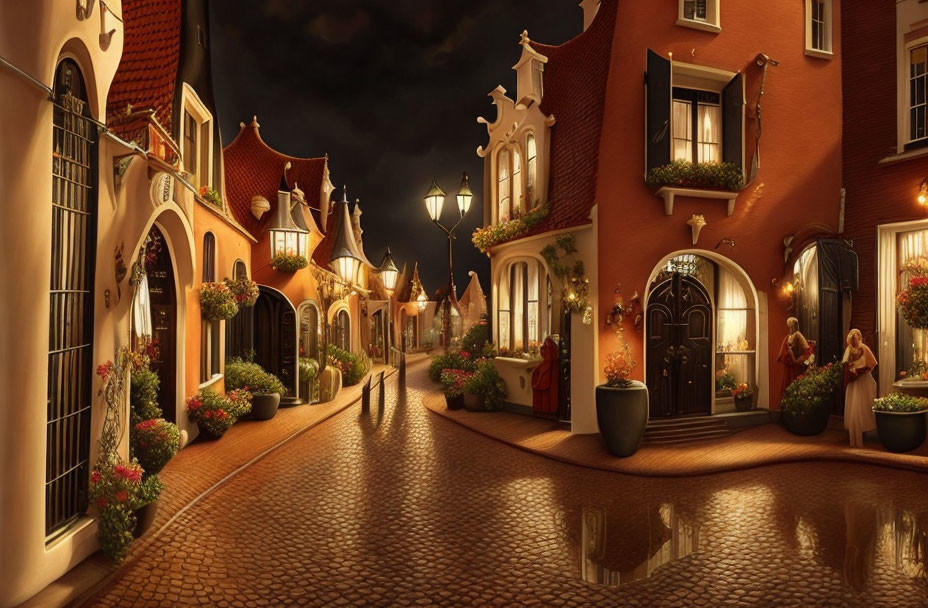 European-style Night Street with Cobblestones & Ornate Facades