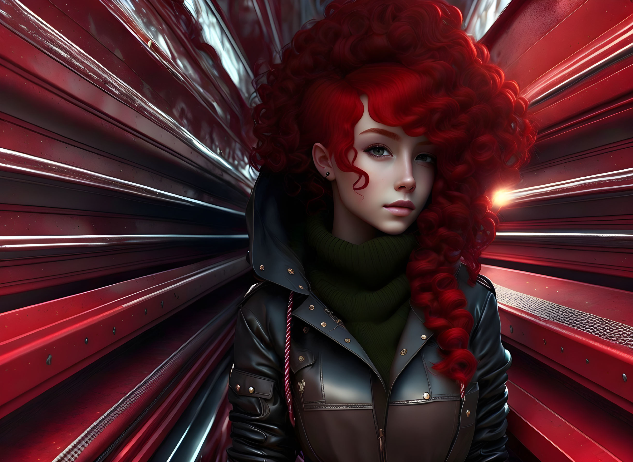 Vibrant red curly hair woman in green turtleneck and leather jacket on red metallic backdrop