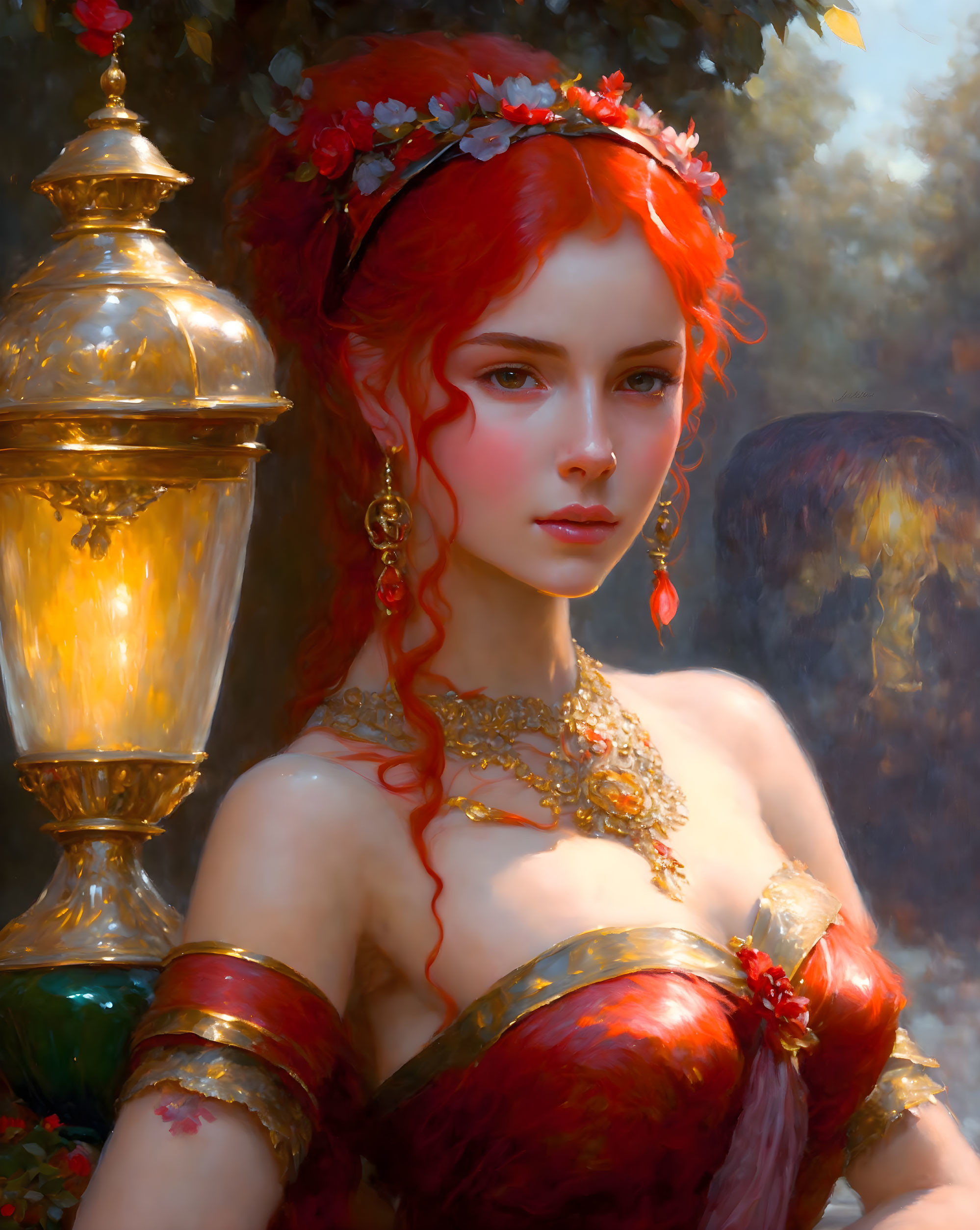 Red-haired woman in floral wreath and gold jewelry, red dress by lamp post