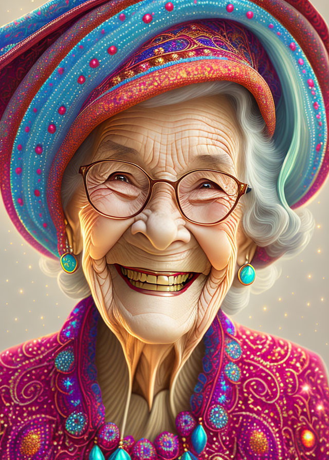 Elderly woman in colorful attire with joyful expression