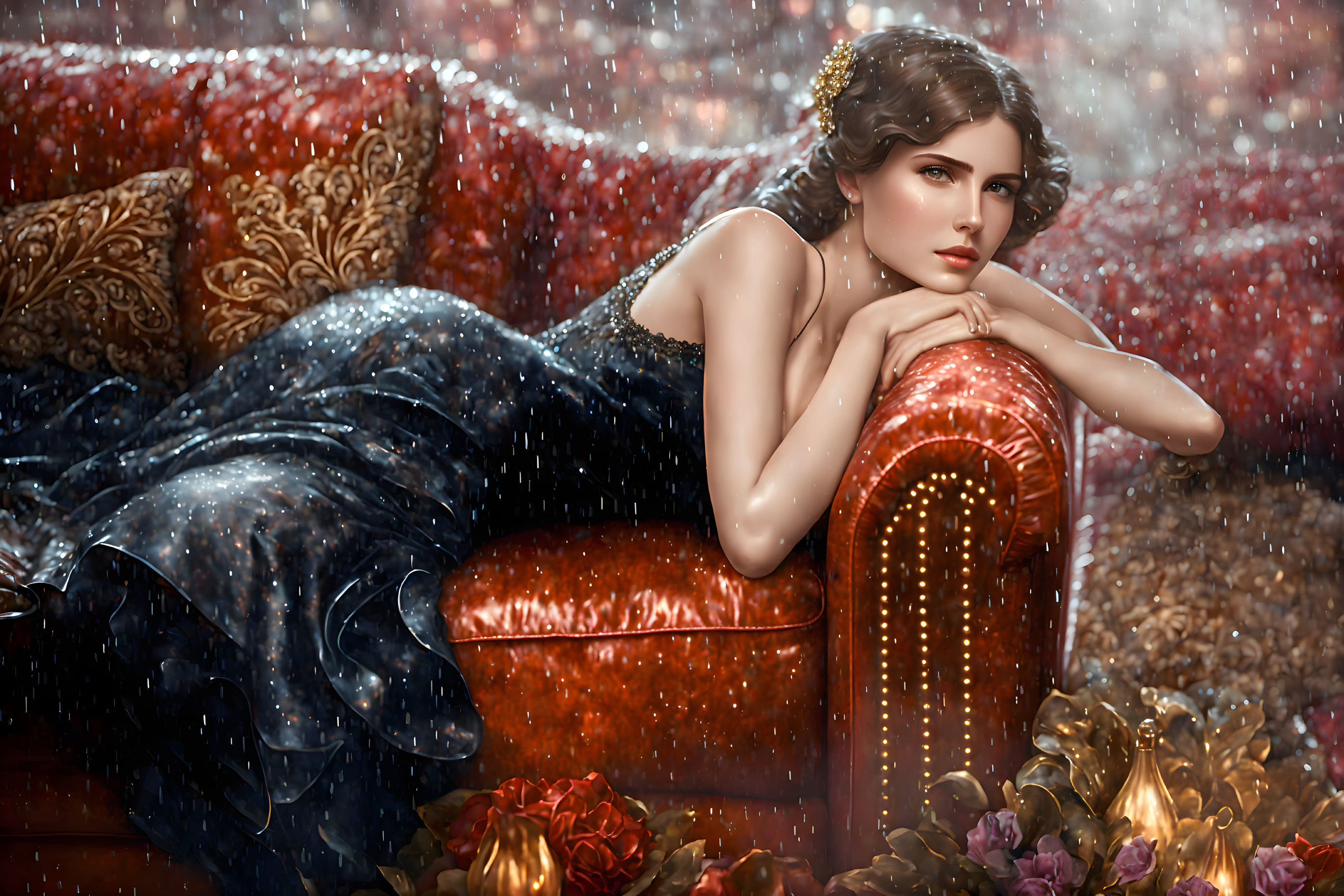 Contemplative woman in dark dress on red sofa with rose petals and sparkling light