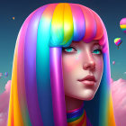Colorful woman with rainbow hair in sky scene.