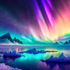 Majestic aurora borealis over icy landscape with floating icebergs