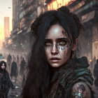 Woman with striking eyes in dystopian cityscape with debris and orange sky