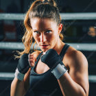 Female boxer with braided hair and blue gloves in boxing ring.