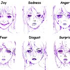 Six stylized illustrations of woman's face showing various emotions labeled.